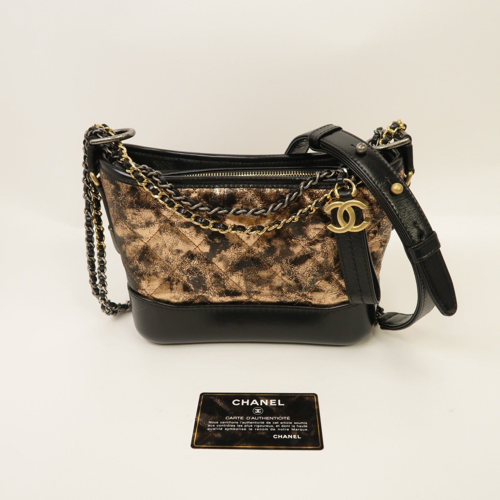 CHANEL 菱格Aged Calf皮革Gabrielle Small金扣/銀扣鏈帶肩背袋青銅色