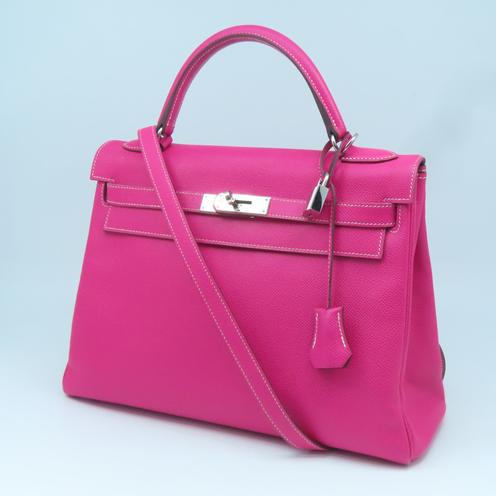 HERMES Epsom Leather Kelly 32 Silver Buckle Hand Shoulder Backpack Fluorescent Pink/Pink Purple