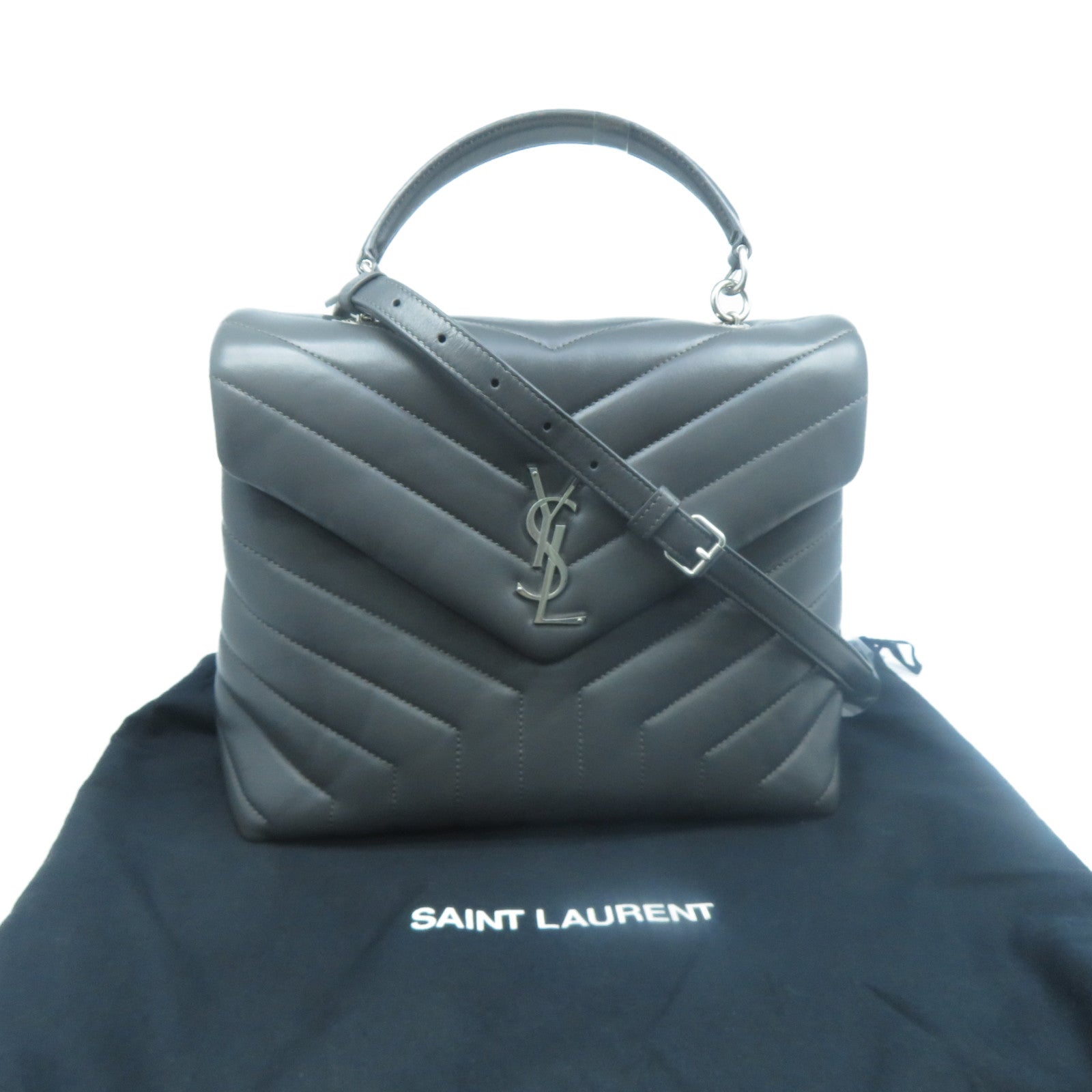 YVES SAINT LAURENT 【激減優惠】牛皮皮革2 Way Shoulder銀扣手挽肩背兩用袋灰色