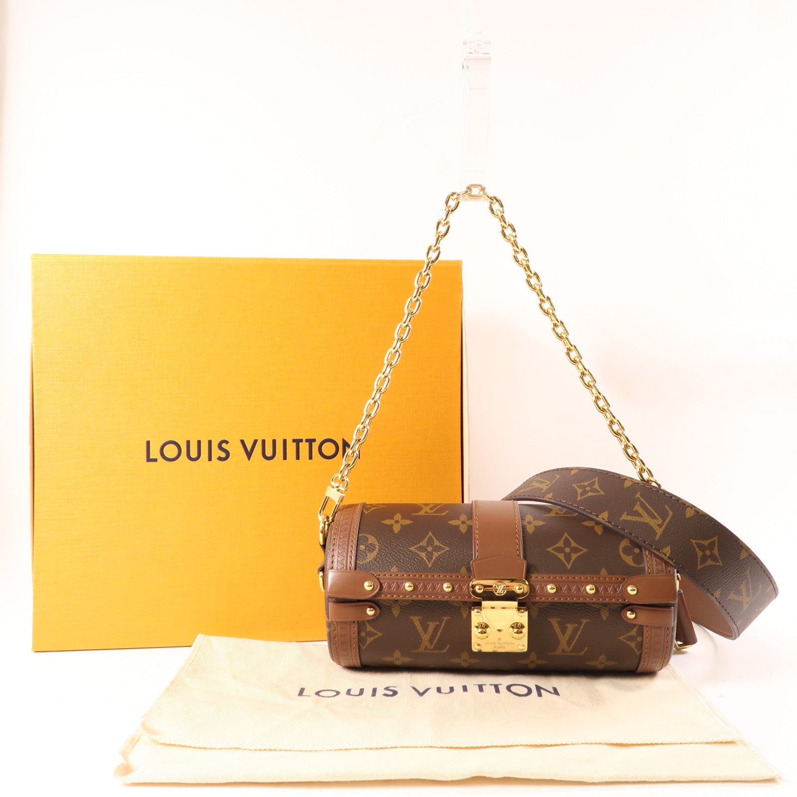LOUIS VUITTON Monogram Papillon Trunk金扣鏈帶手挽肩背兩用袋棕色