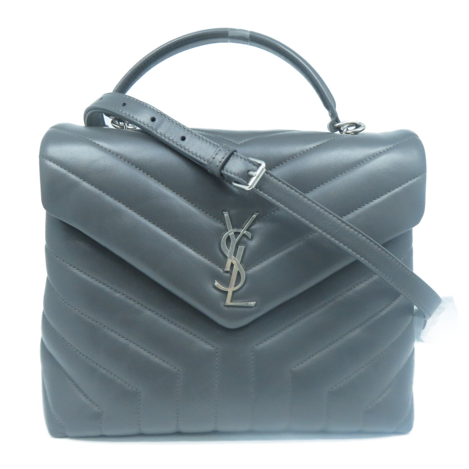 YVES SAINT LAURENT 【激減優惠】牛皮皮革2 Way Shoulder銀扣手挽肩背兩用袋灰色