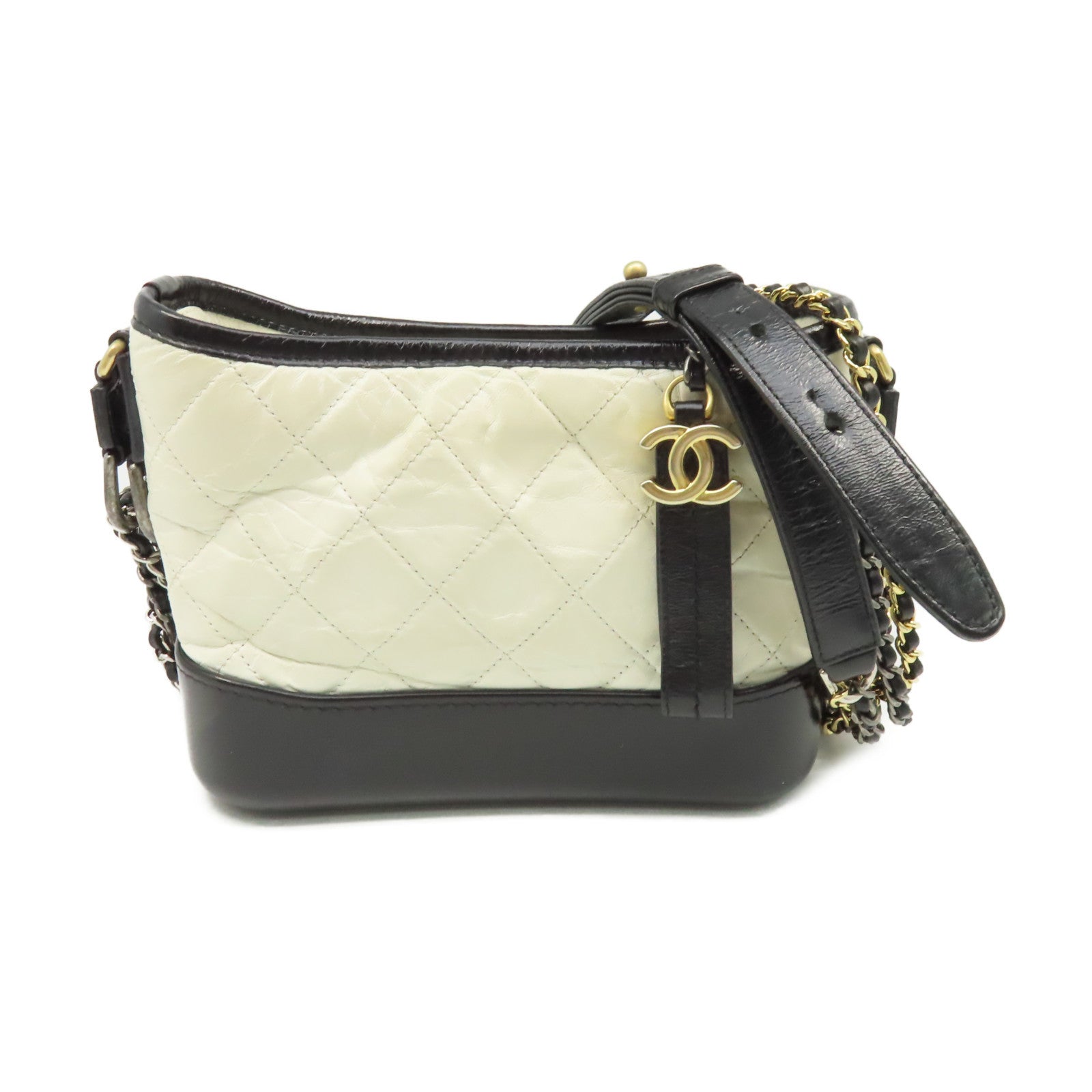 CHANEL 【清倉大減價】菱格牛皮皮革Gabrielle Small Chain Shoulder Bag金扣鏈帶肩背袋米白色/黑色