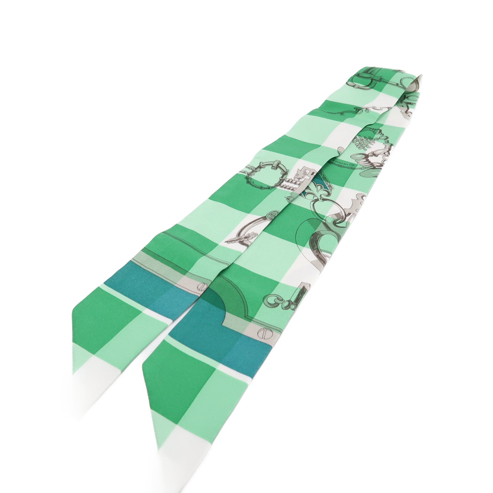 HERMES 絲質Twilly絲巾綠色/白色