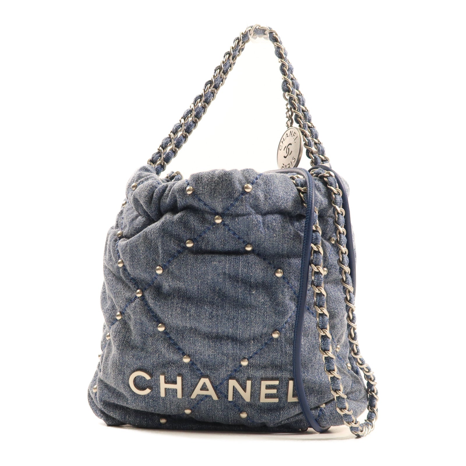 CHANEL 【激減優惠】牛仔布Mini 22 Chain Shoulder銀扣鏈帶手挽肩背兩用袋