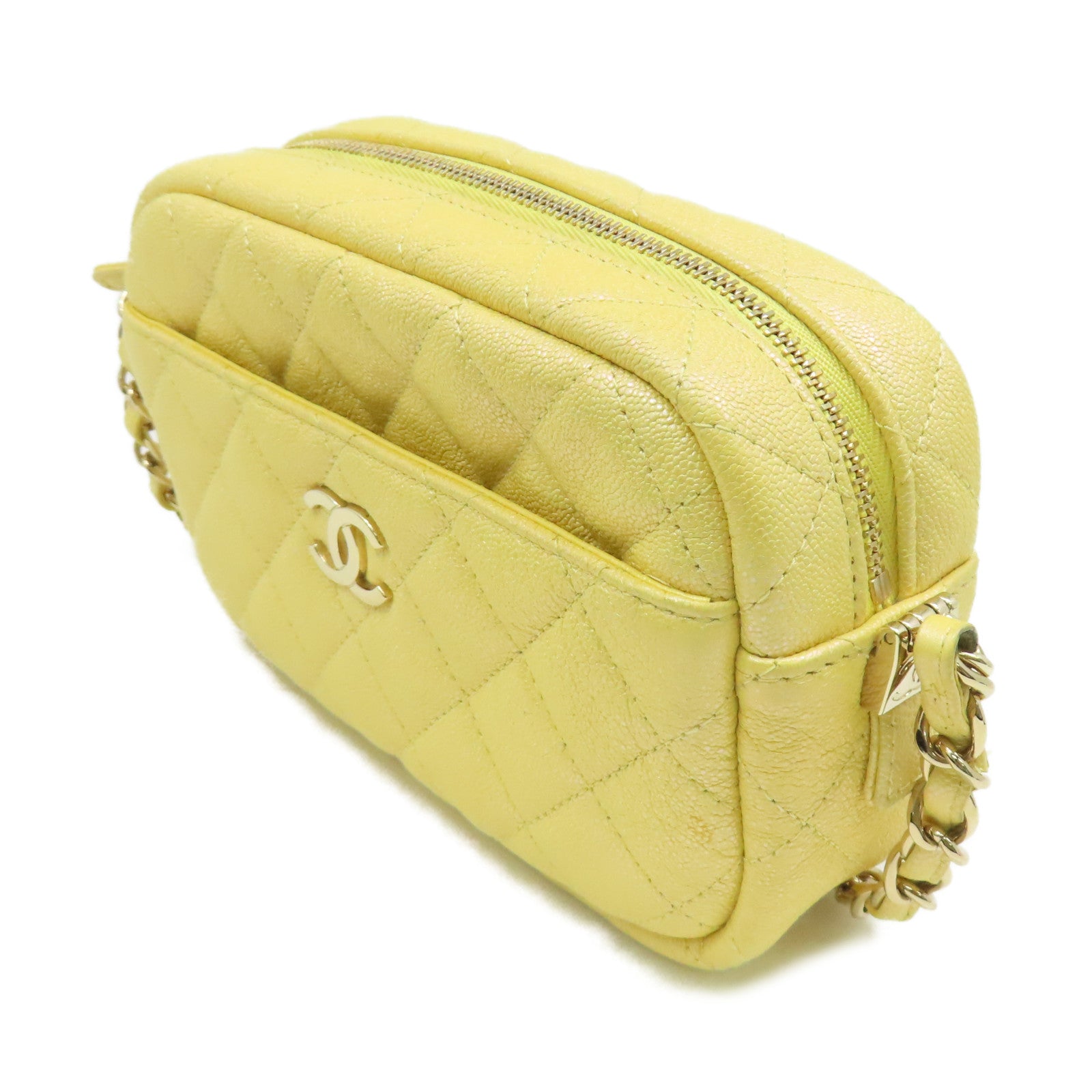 CHANEL 【激減優惠】菱格Caviar皮革Chain Shoulder Bag金扣鏈帶肩背袋黃奶色