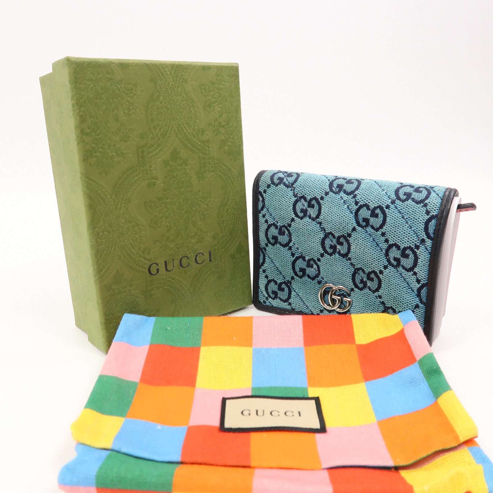 GUCCI 帆布Wallet銀扣自動錢包藍色/粉紅色