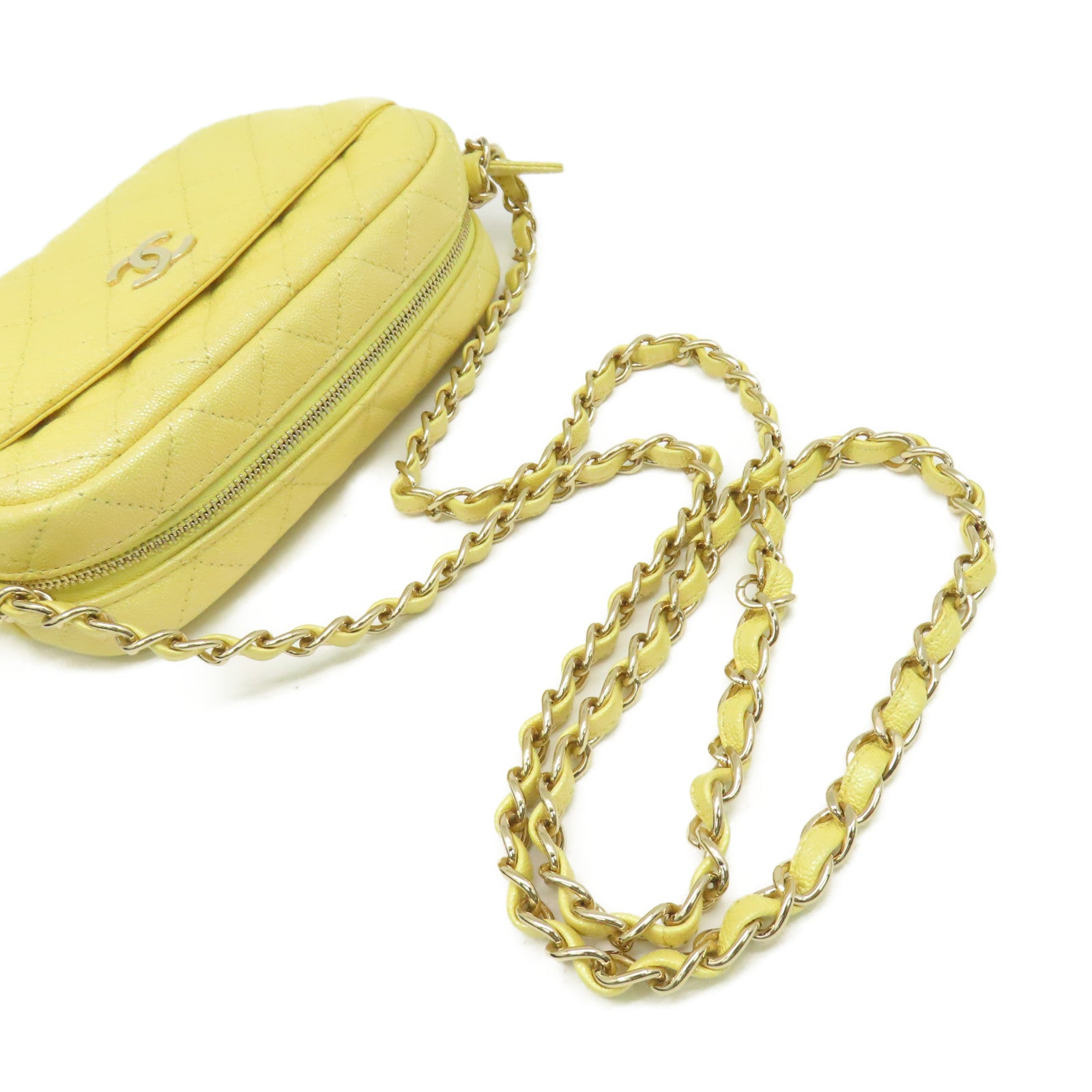 CHANEL 【激減優惠】菱格Caviar皮革Chain Shoulder Bag金扣鏈帶肩背袋黃奶色