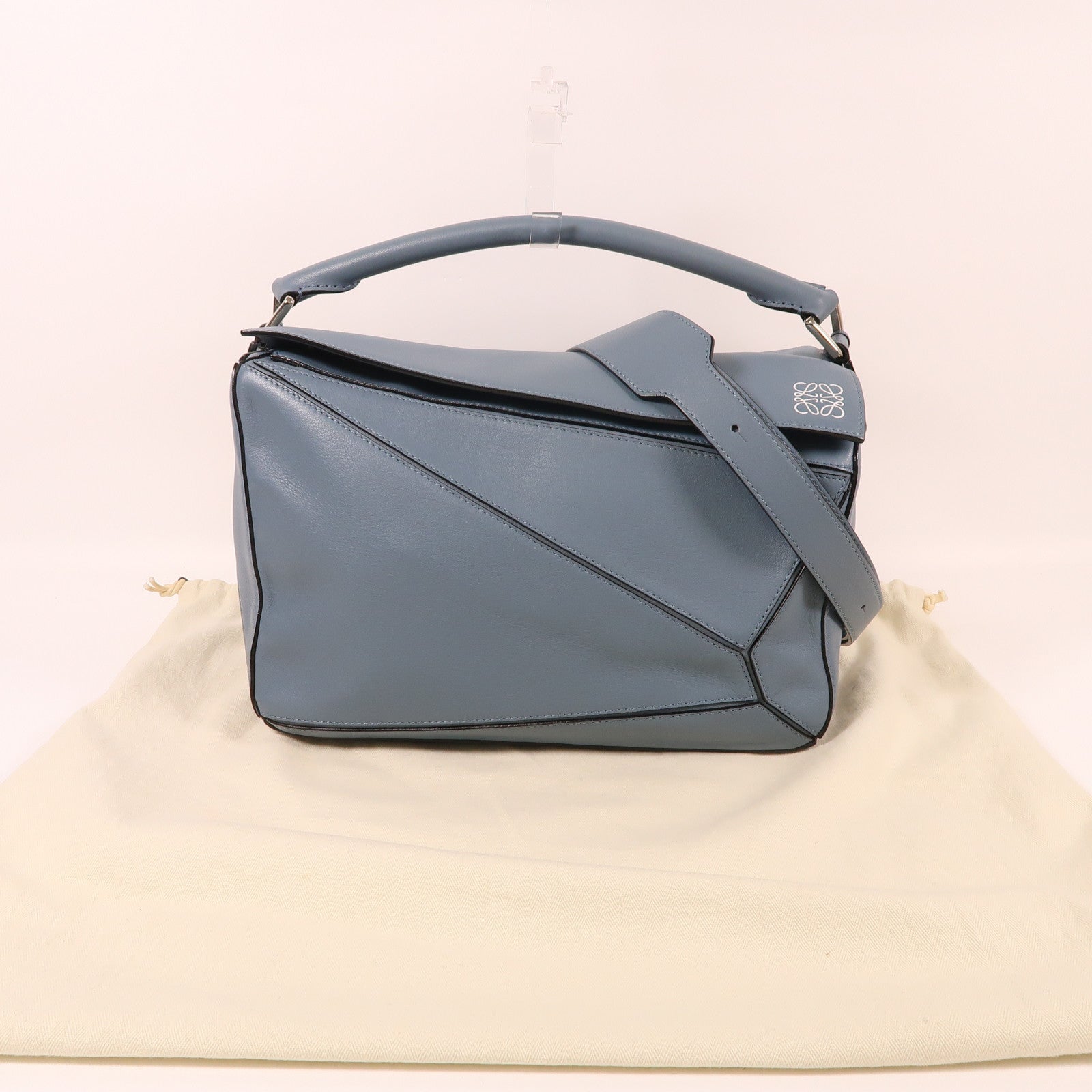 LOEWE 牛皮皮革Puzzle Bag銀扣手挽肩背兩用袋藍色
