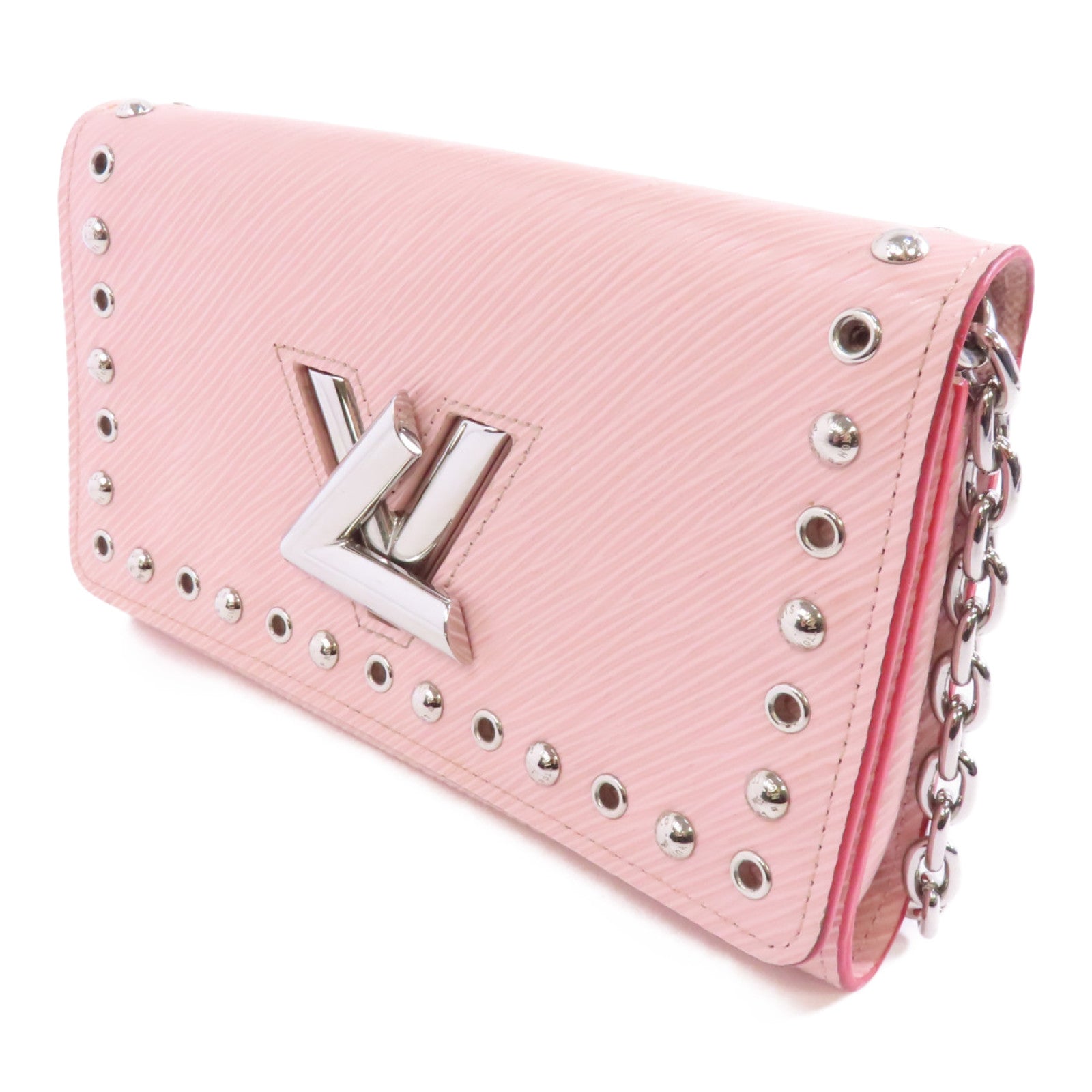 LOUIS VUITTON Epi Portefeuille Twist Chain銀扣鏈帶肩背袋粉紅色