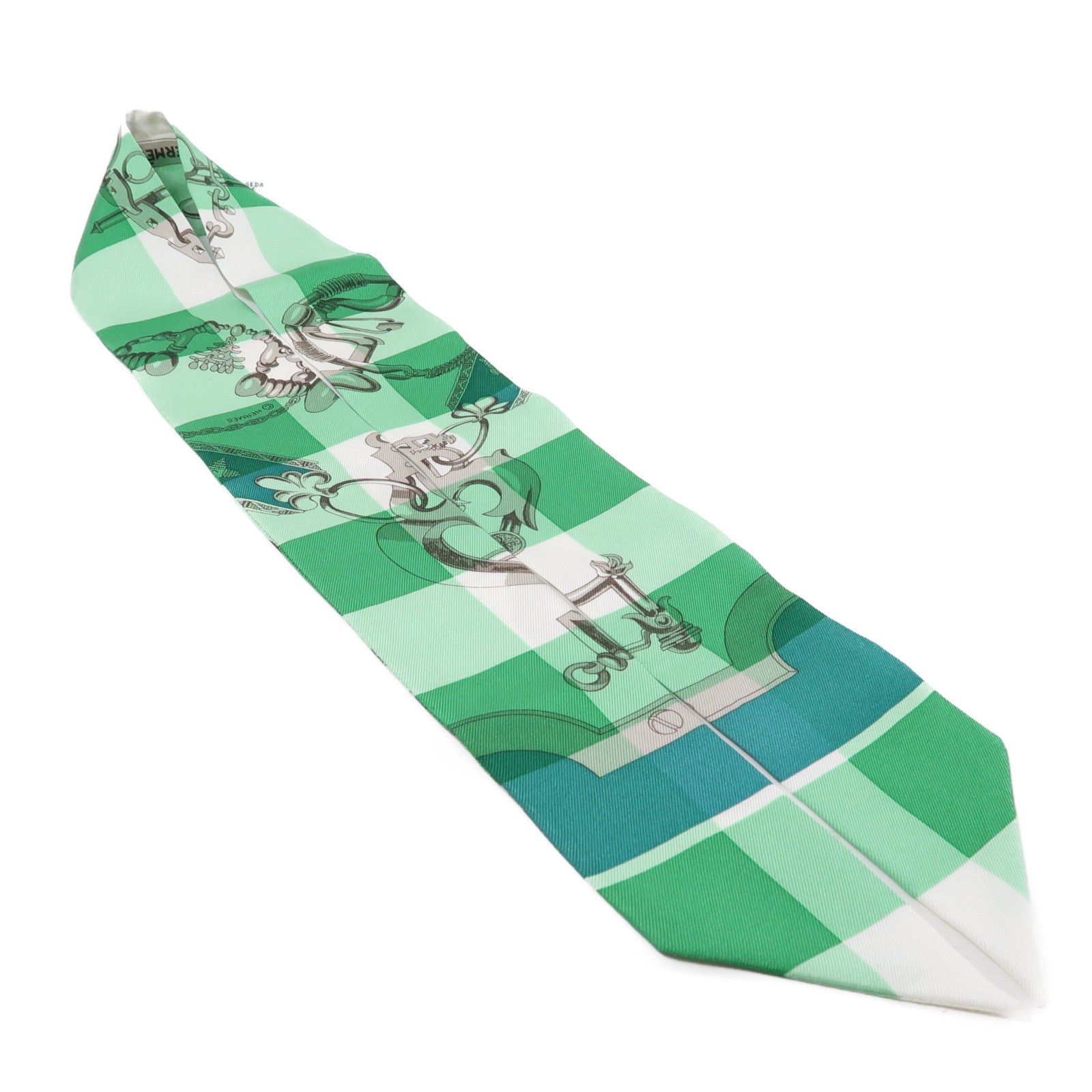 HERMES 絲質Twilly絲巾綠色/白色