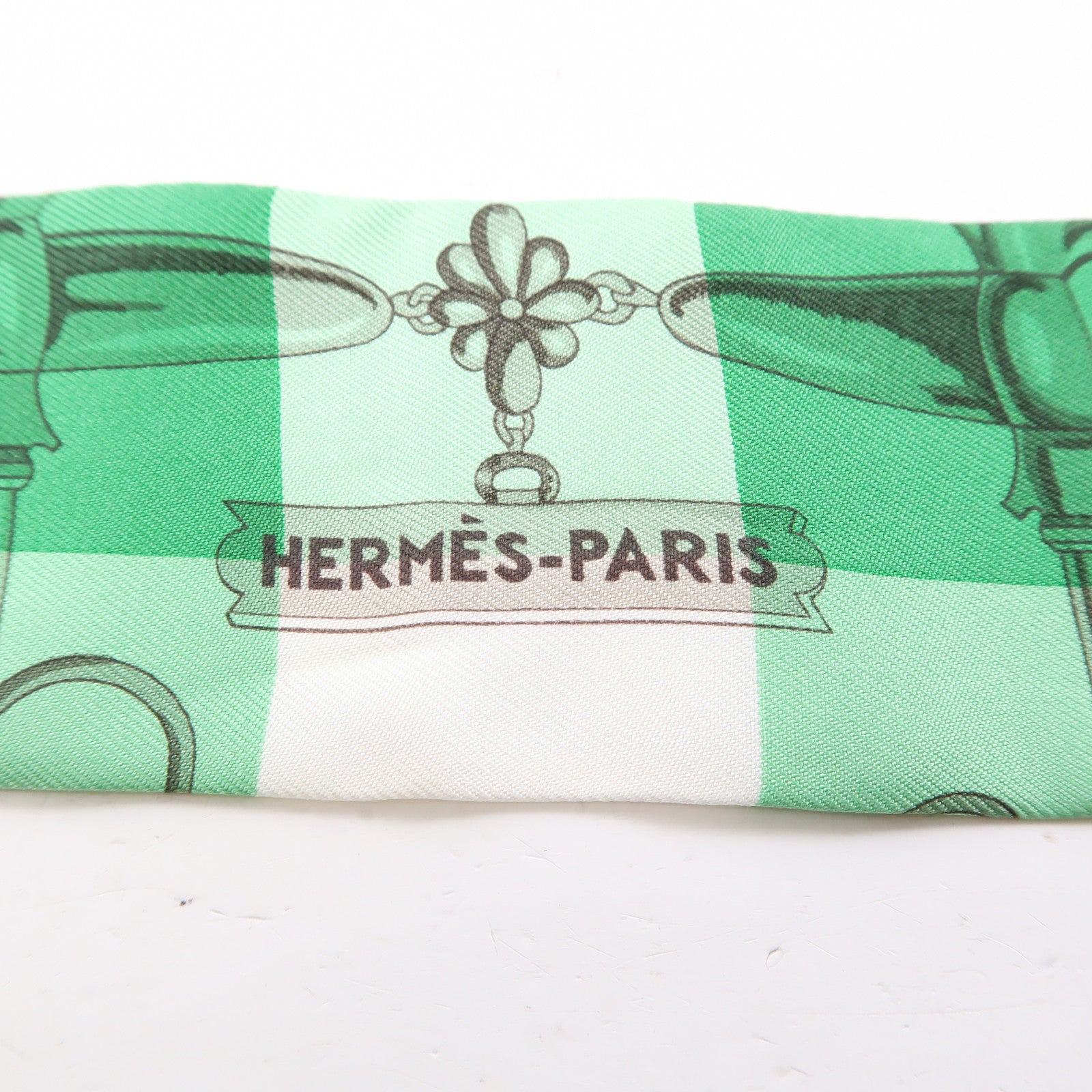 HERMES 絲質Twilly絲巾綠色/白色