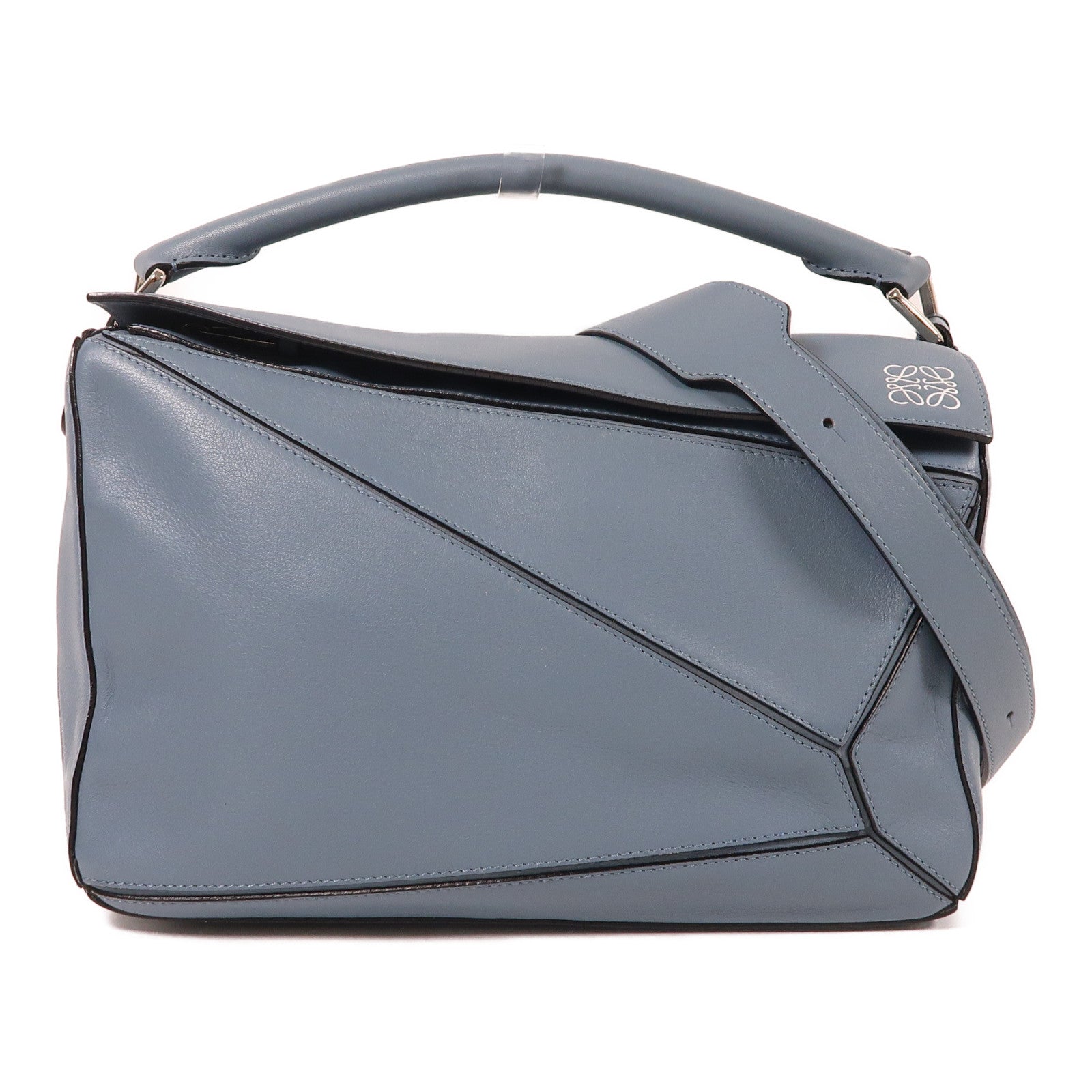 LOEWE 牛皮皮革Puzzle Bag銀扣手挽肩背兩用袋藍色