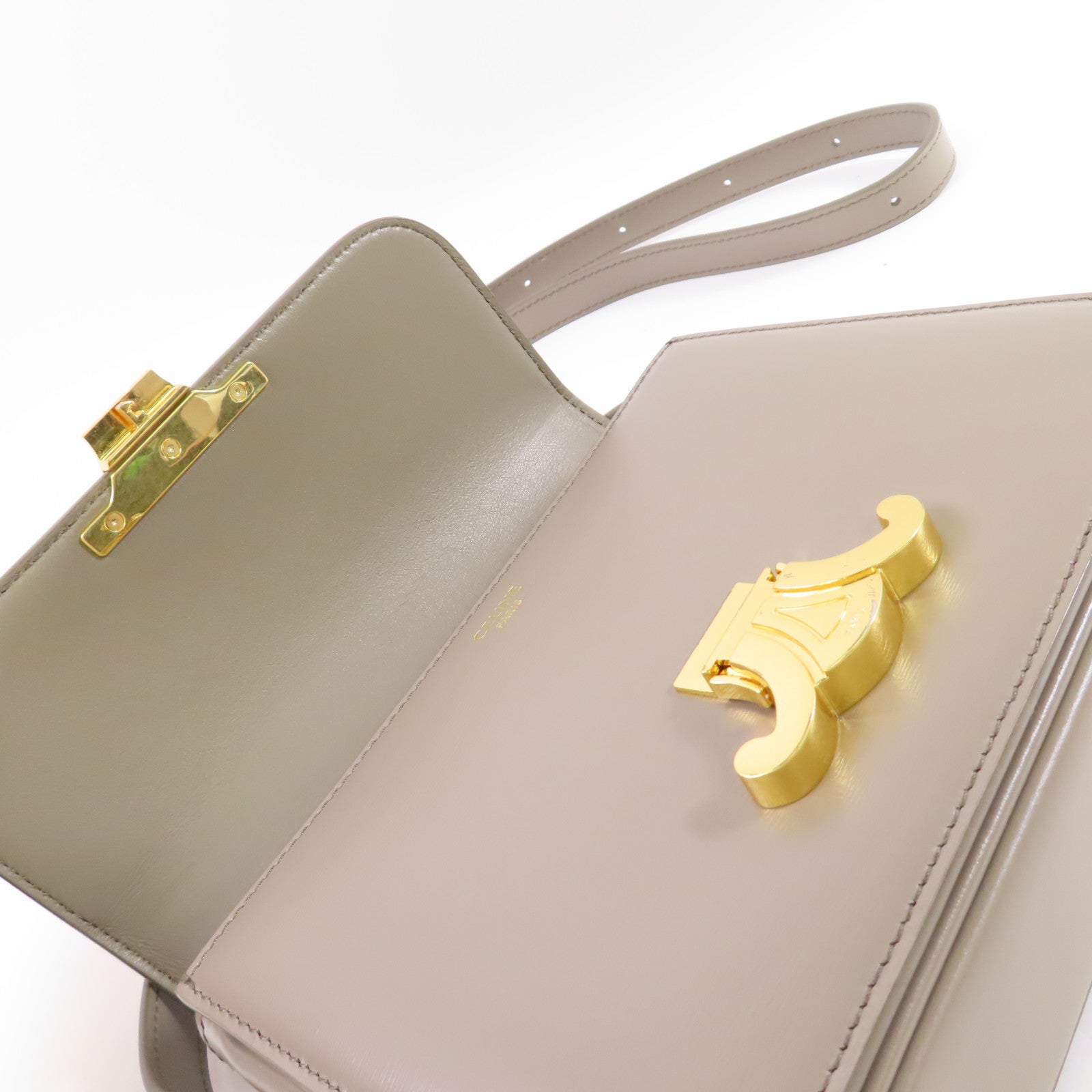 CELINE 牛皮皮革Teen Triomphe Shoulder Bag金扣肩背袋灰色