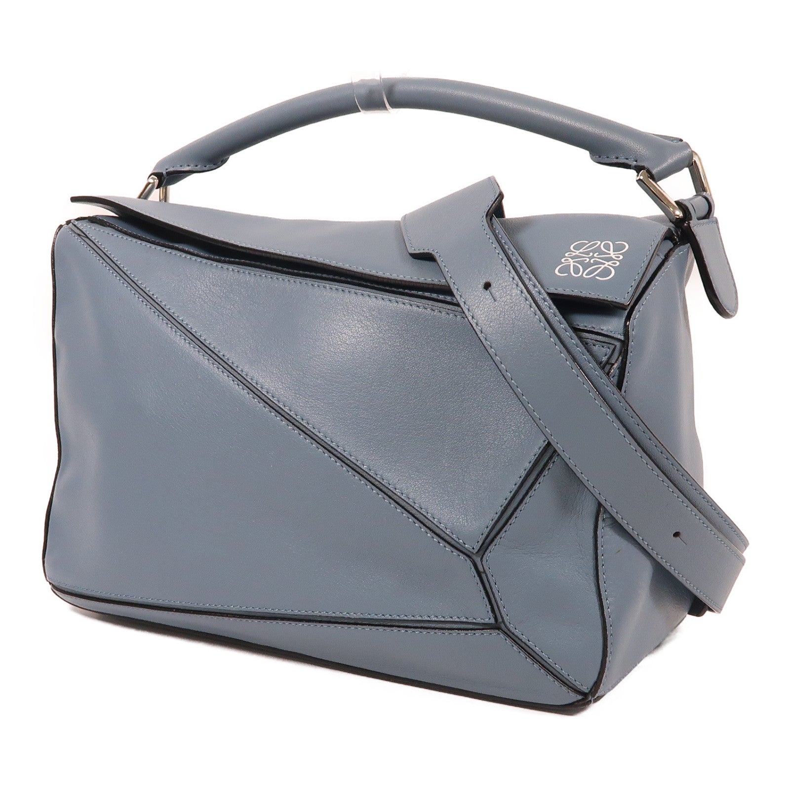 LOEWE 牛皮皮革Puzzle Bag銀扣手挽肩背兩用袋藍色