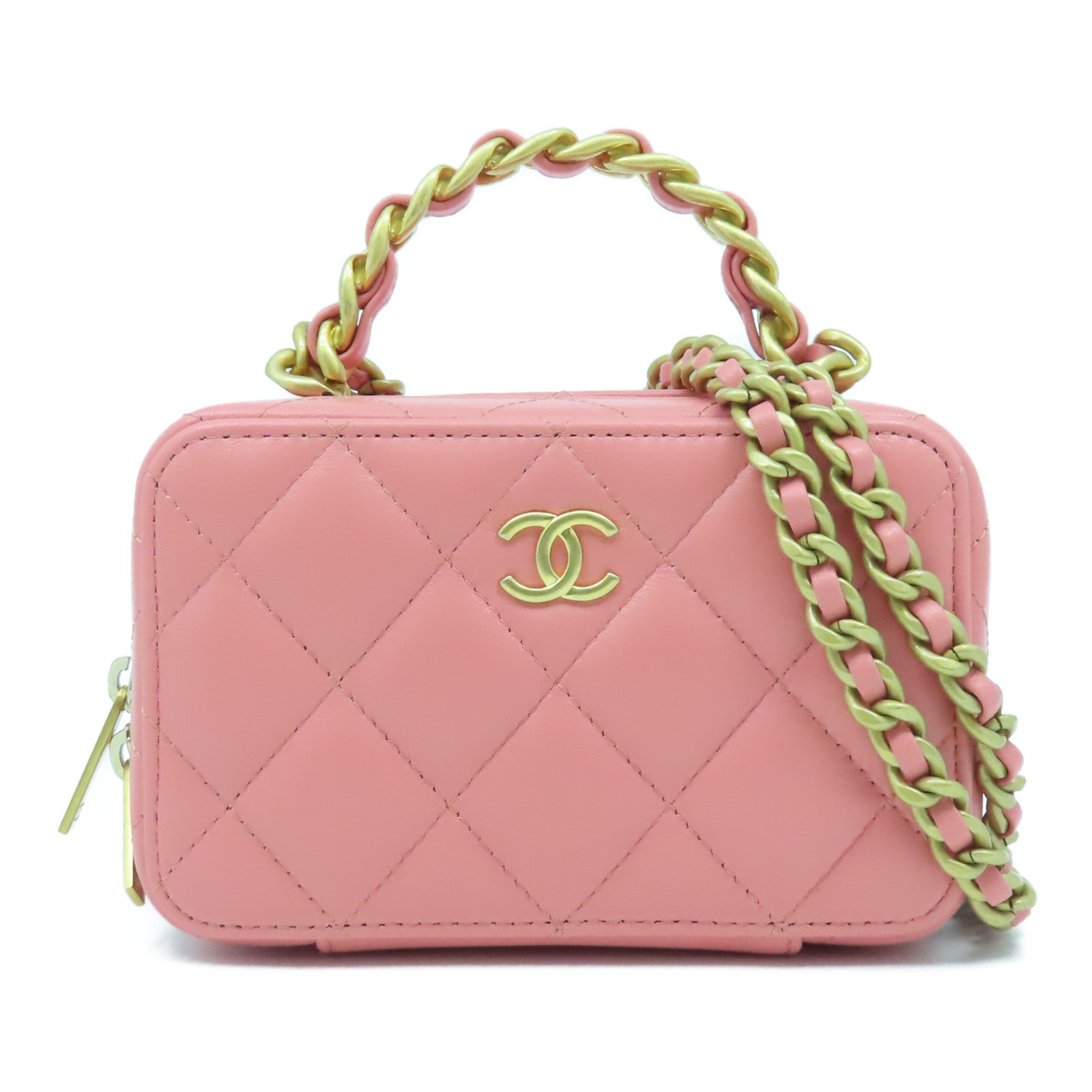 CHANEL **【激減優惠】菱格羊皮皮革Mini Vanity Case金扣鏈帶肩背袋粉紅色