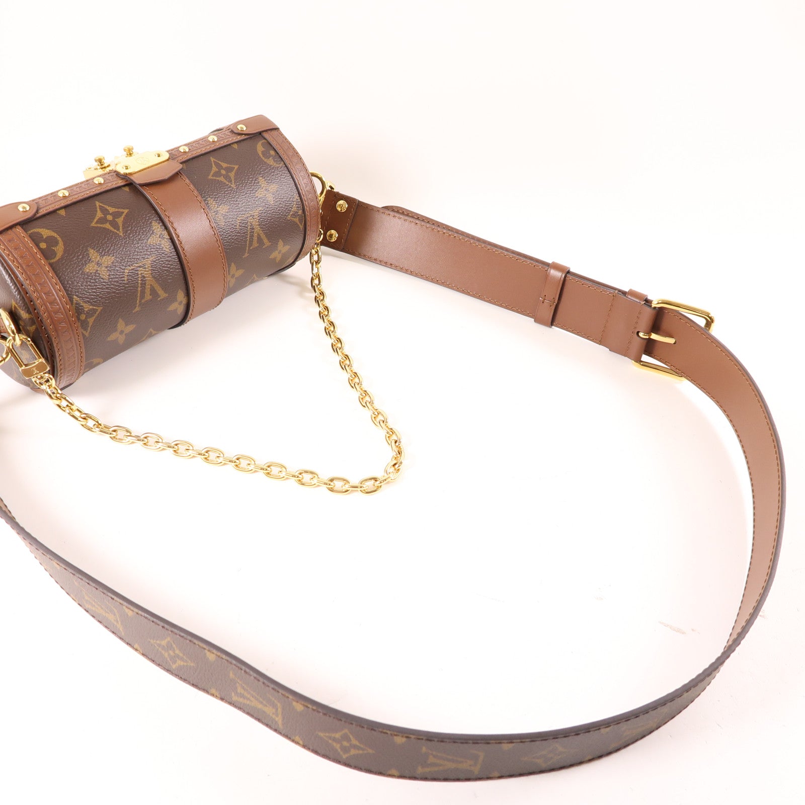 LOUIS VUITTON Monogram Papillon Trunk金扣鏈帶手挽肩背兩用袋棕色