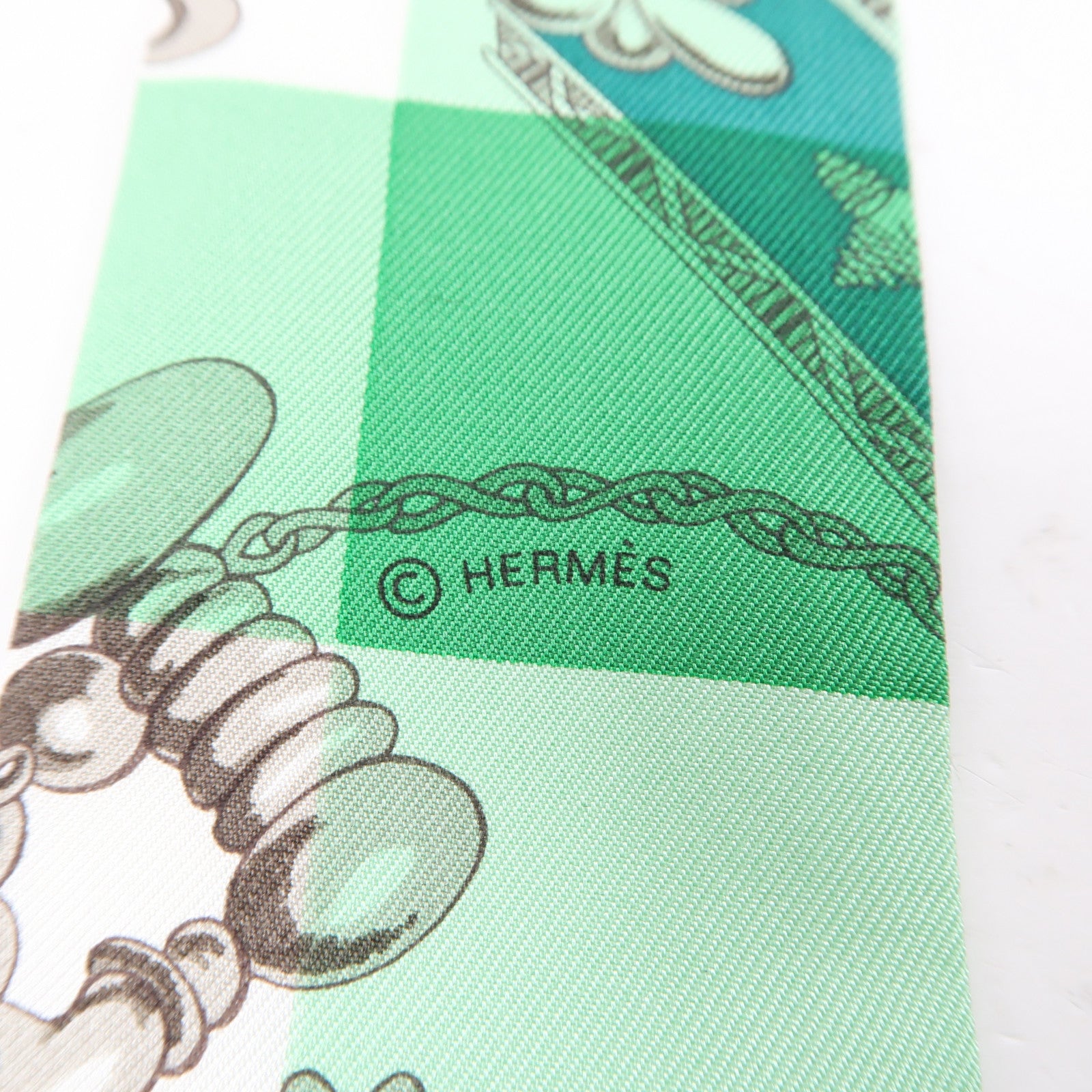 HERMES 絲質Twilly絲巾綠色/白色