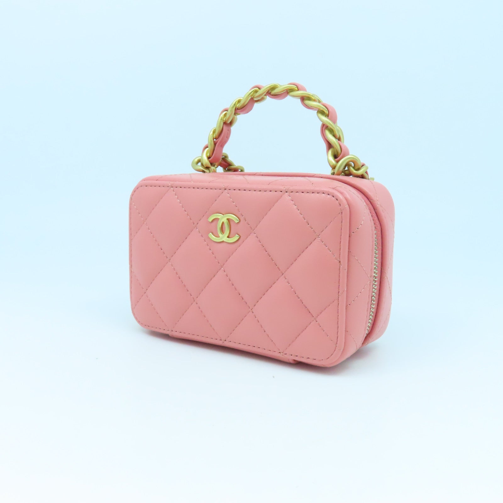 CHANEL **【激減優惠】菱格羊皮皮革Mini Vanity Case金扣鏈帶肩背袋粉紅色