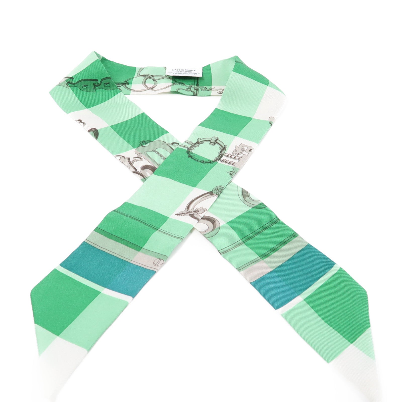 HERMES 絲質Twilly絲巾綠色/白色
