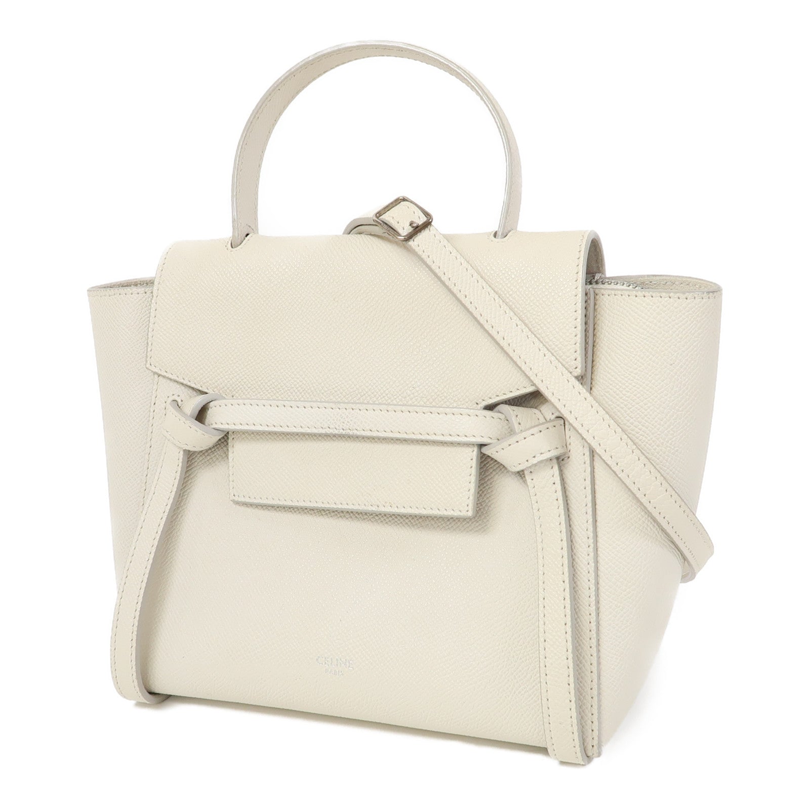 CELINE 牛皮皮革Hand Bag銀扣手挽肩背兩用袋米白色
