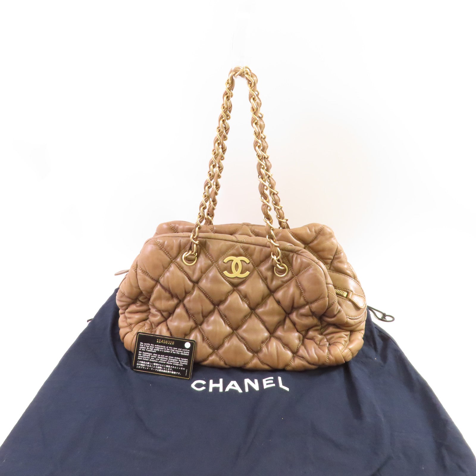 CHANEL 菱格羊皮皮革Chain Shoulder金扣鏈帶肩背袋啡色