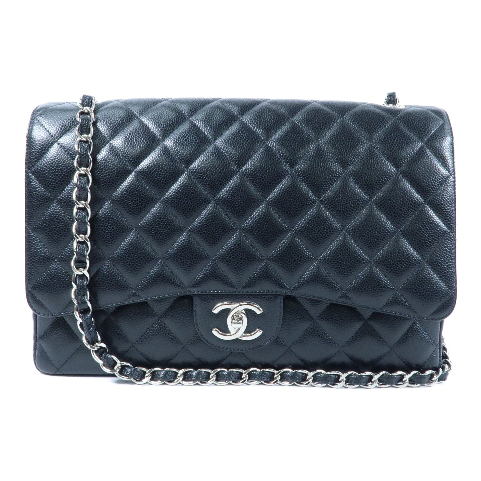 CHANEL 牛皮皮革Classic Maxi銀扣鏈帶肩背袋