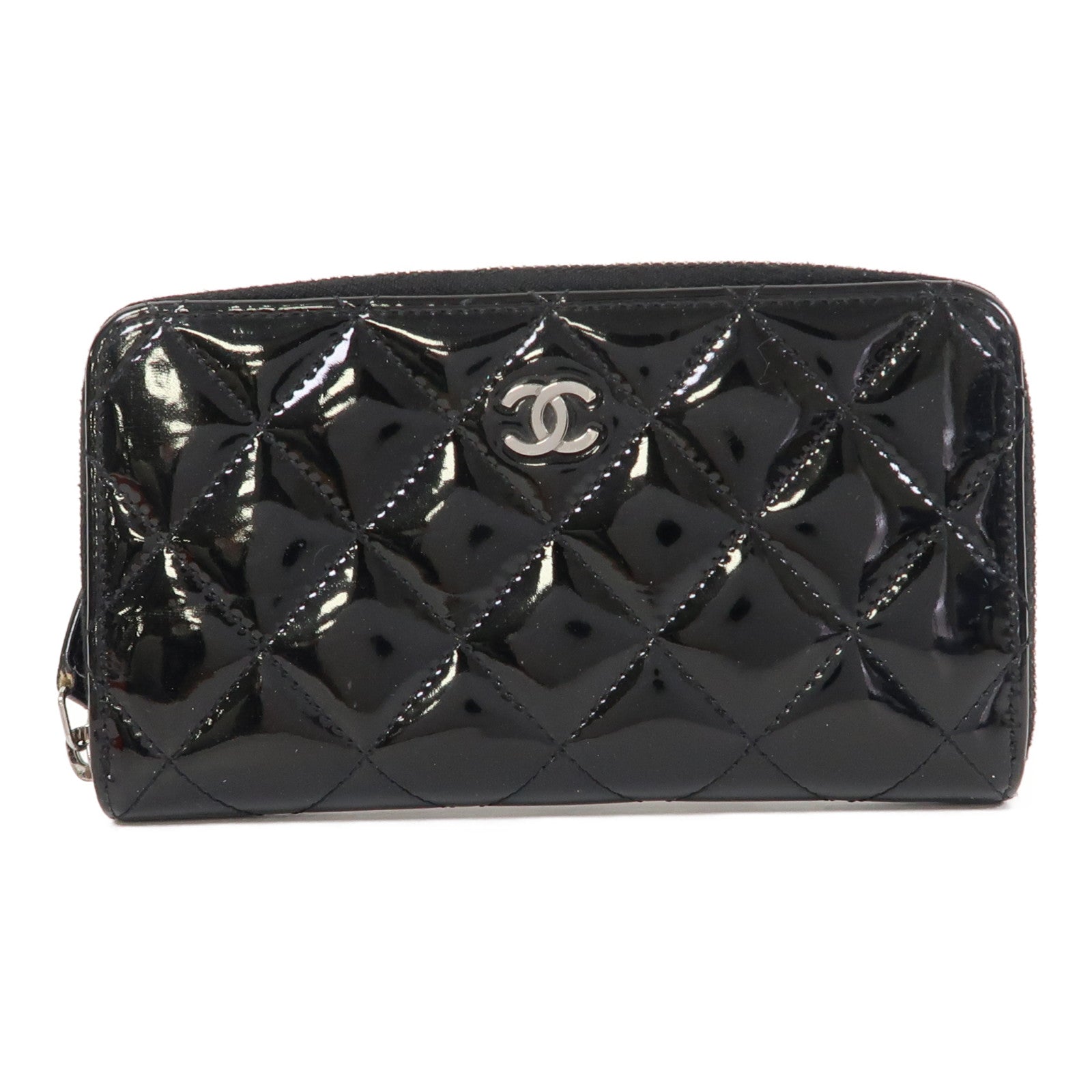 CHANEL 菱格漆皮皮革Zipper Wallet銀扣中長錢包黑色