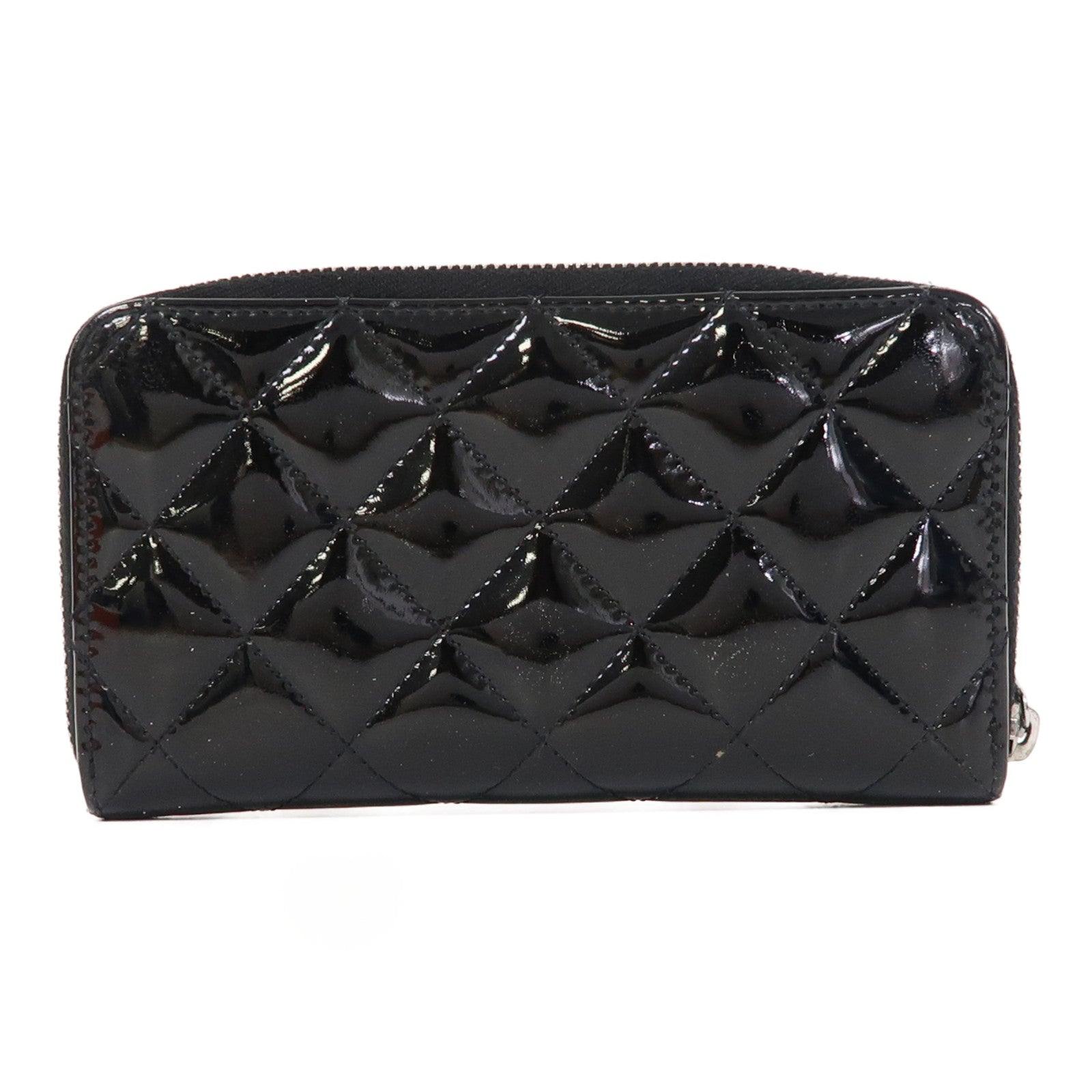 CHANEL 菱格漆皮皮革Zipper Wallet銀扣中長錢包黑色