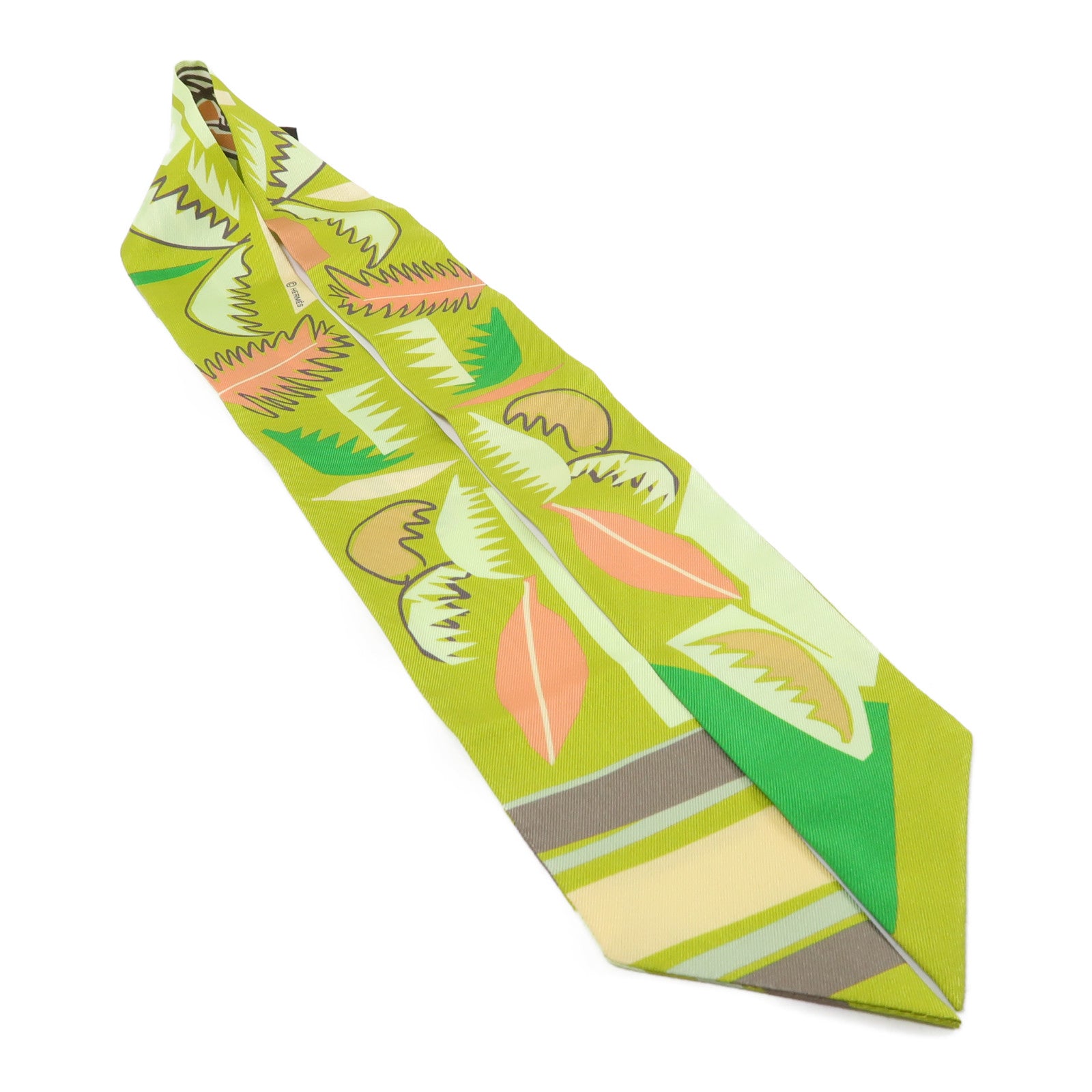 HERMES 絲質Twilly絲巾綠色/粉紅色/黃色