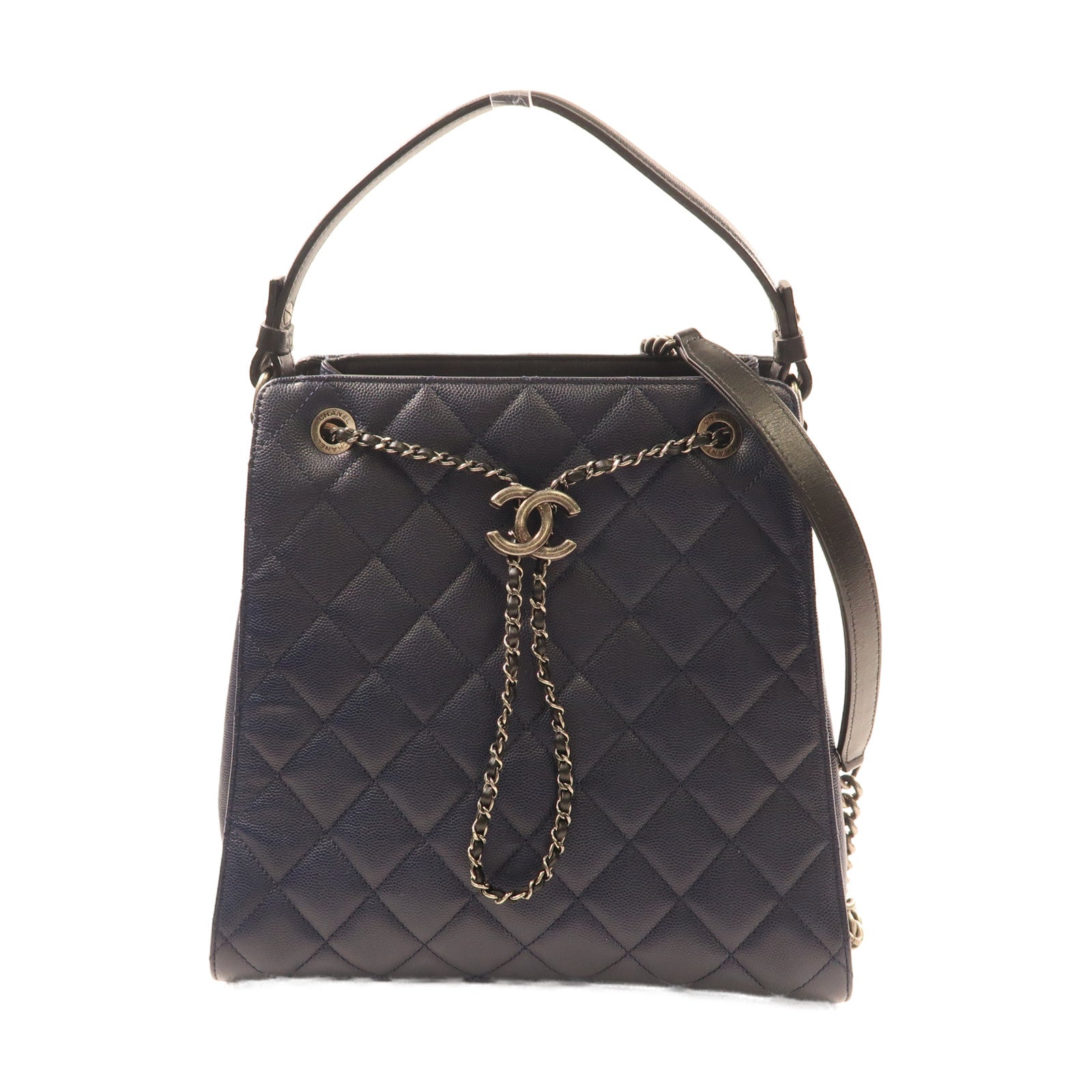 CHANEL 【激減優惠】牛皮皮革Bucket Bag金扣鏈帶手挽肩背兩用袋