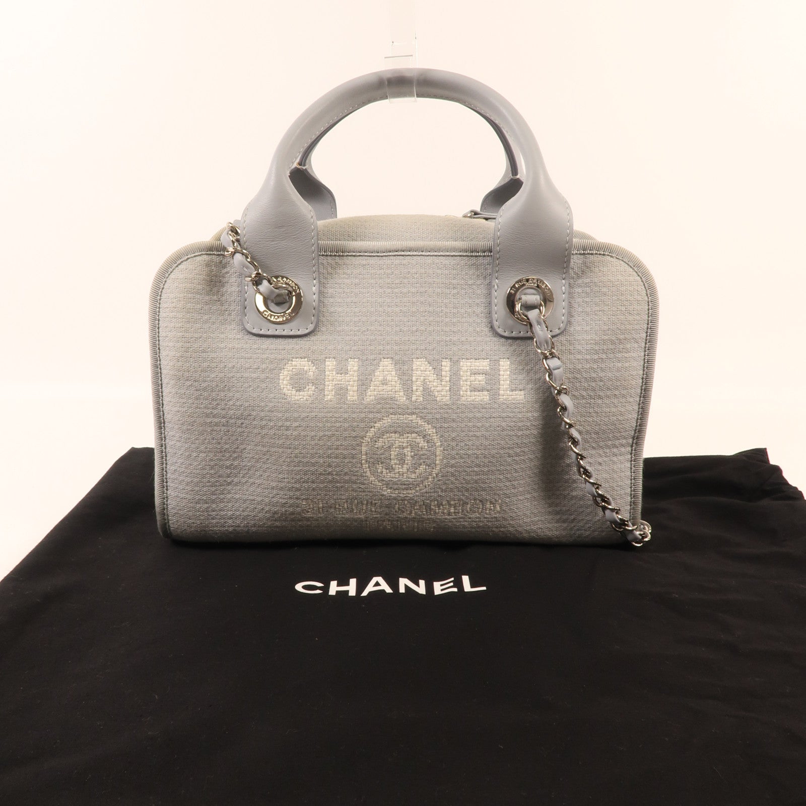 CHANEL 帆布Deauville Bowling銀扣手挽肩背兩用袋