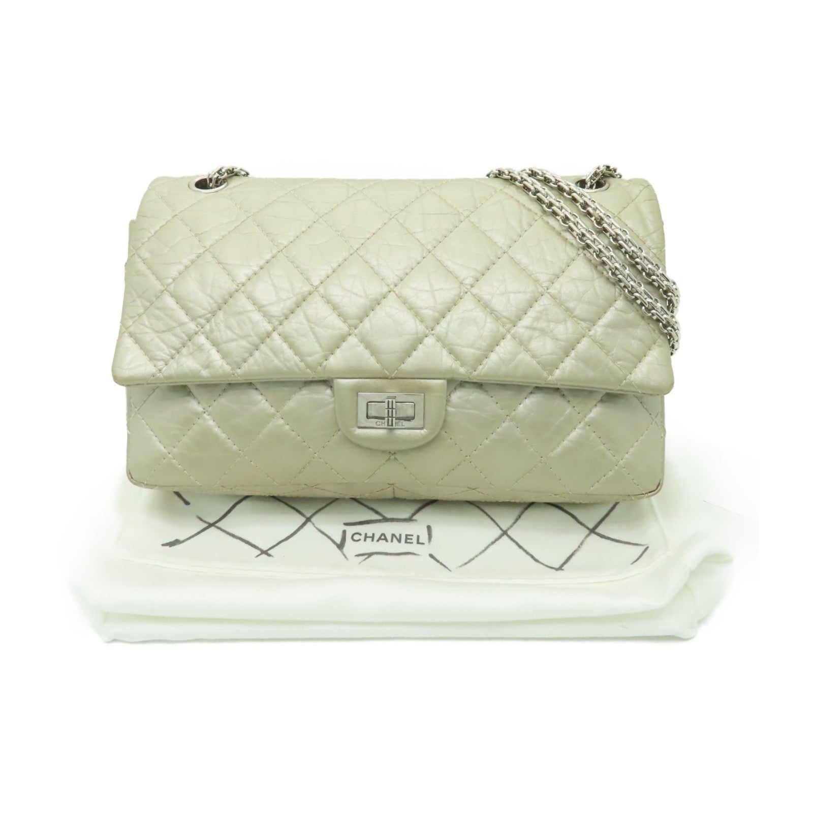CHANEL 【清倉大減價】菱格Aged Calf皮革2.55 Classic Double Flap銀扣鏈帶肩背袋香檳酒色