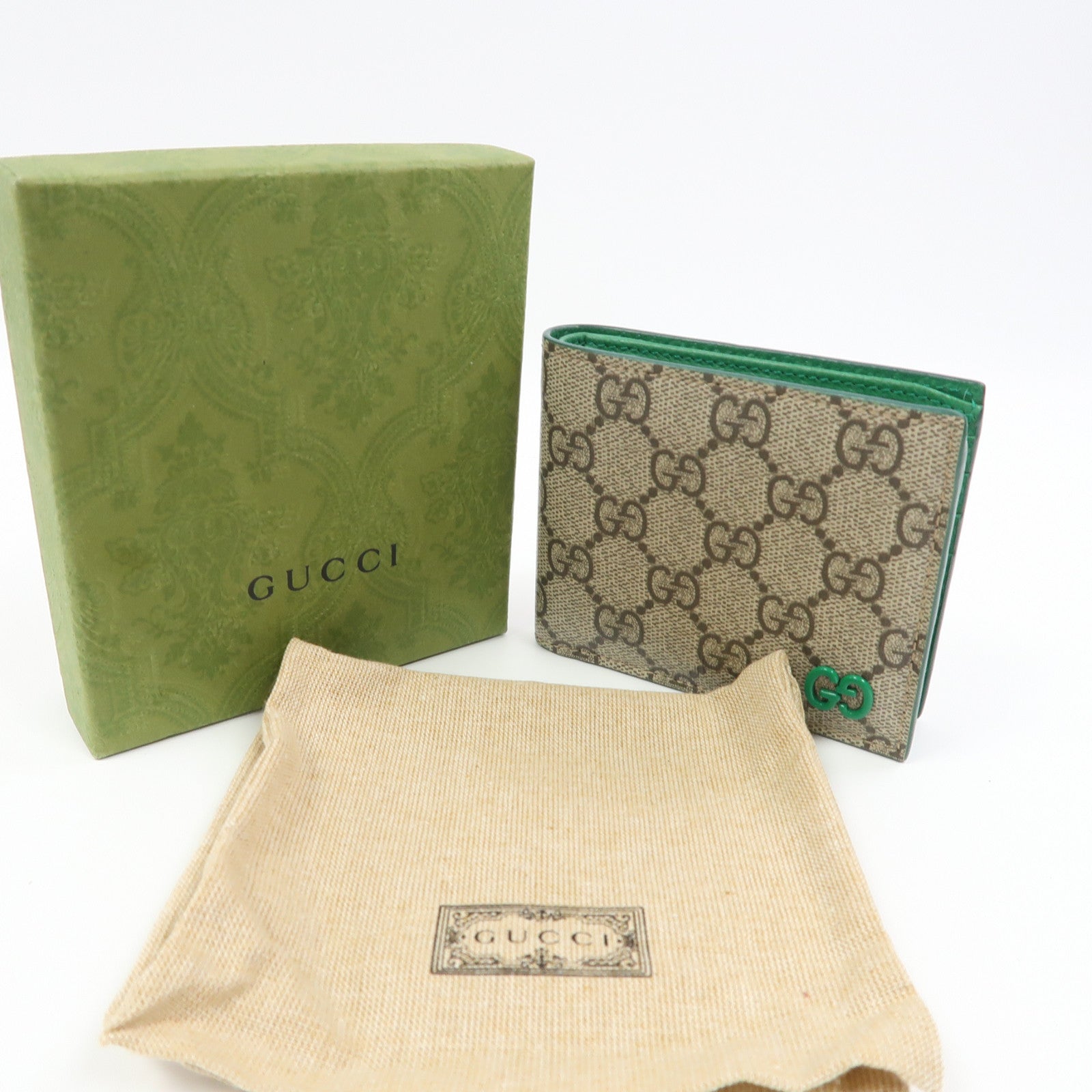 GUCCI 塗層帆布Wallet折疊錢包米色/綠色