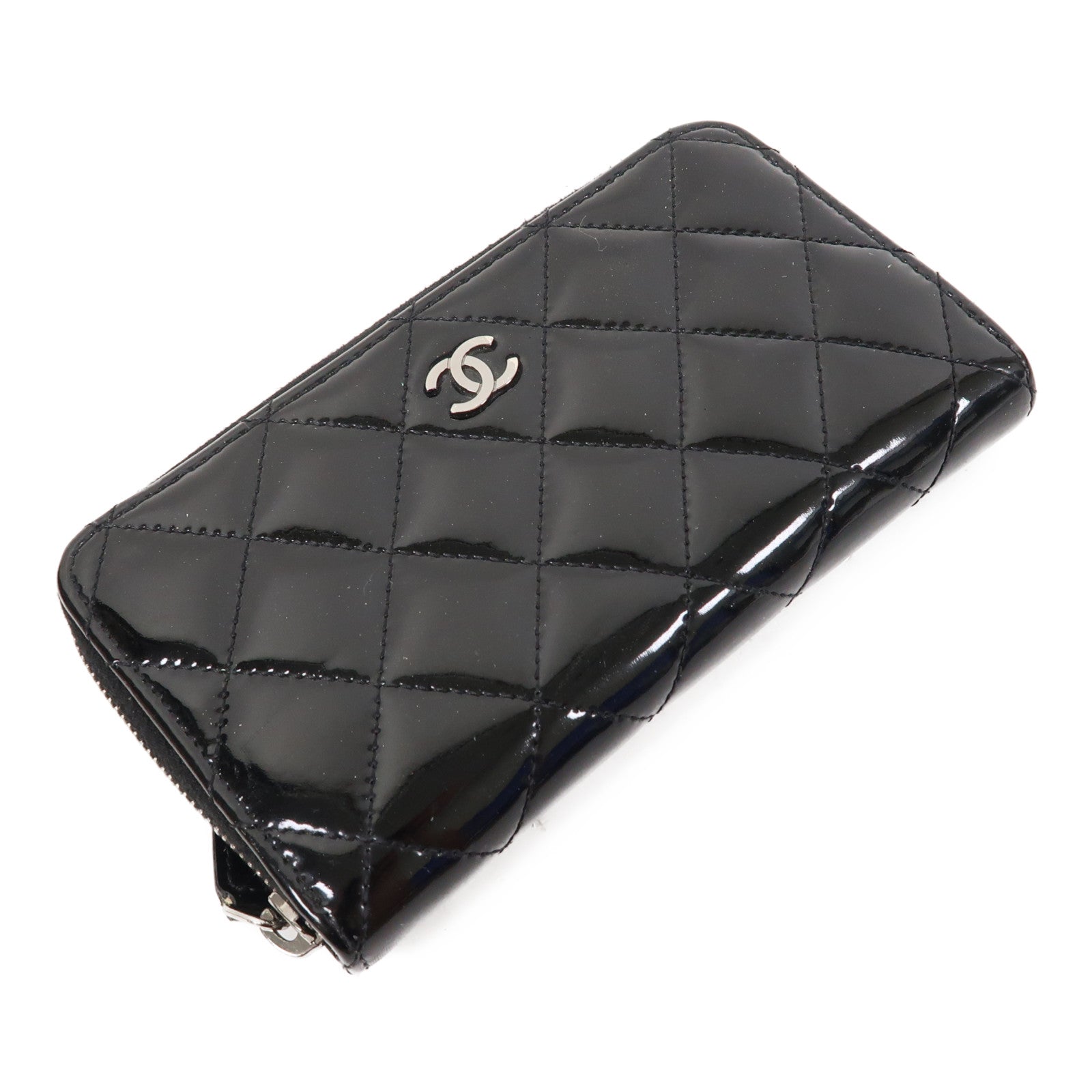 CHANEL 菱格漆皮皮革Zipper Wallet銀扣中長錢包黑色