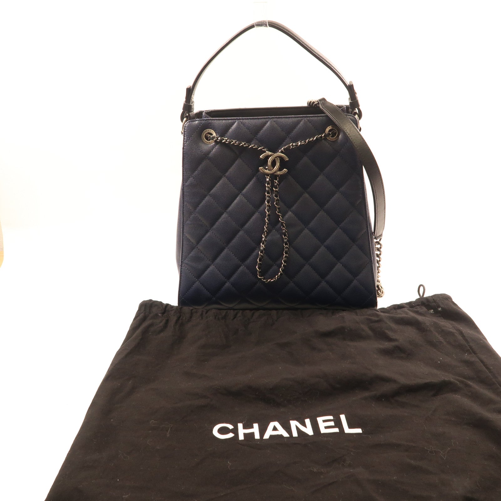 CHANEL 【激減優惠】牛皮皮革Bucket Bag金扣鏈帶手挽肩背兩用袋