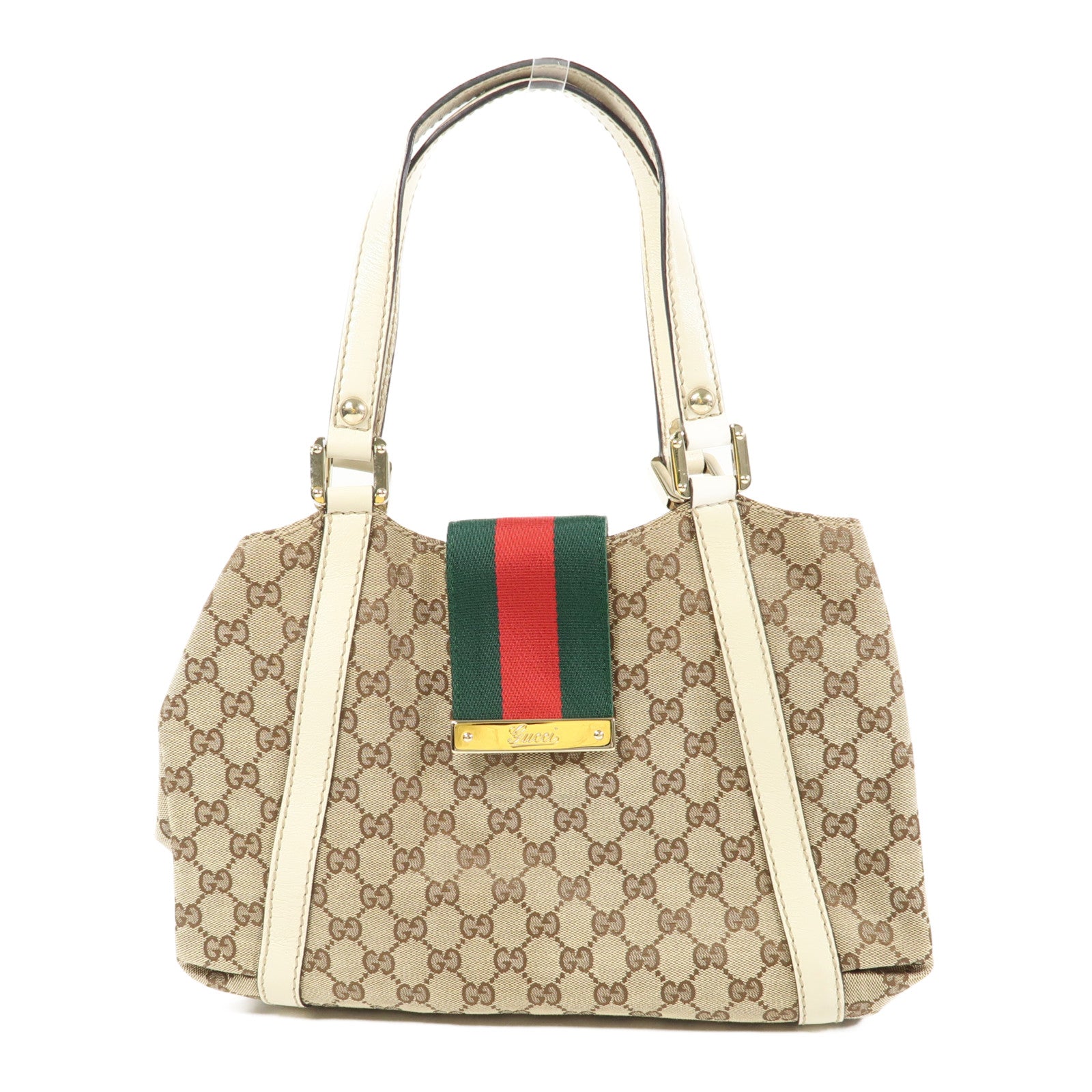 GUCCI 帆布Web Flap Tote銀扣手挽袋