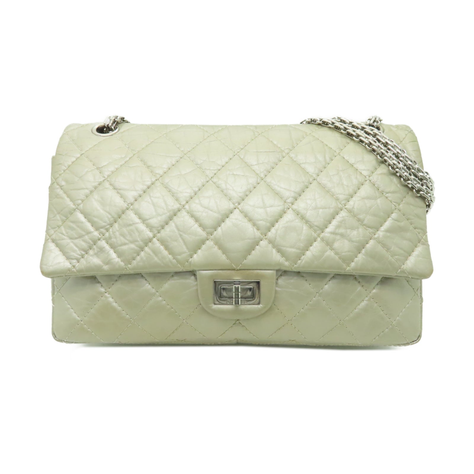 CHANEL 【清倉大減價】菱格Aged Calf皮革2.55 Classic Double Flap銀扣鏈帶肩背袋香檳酒色