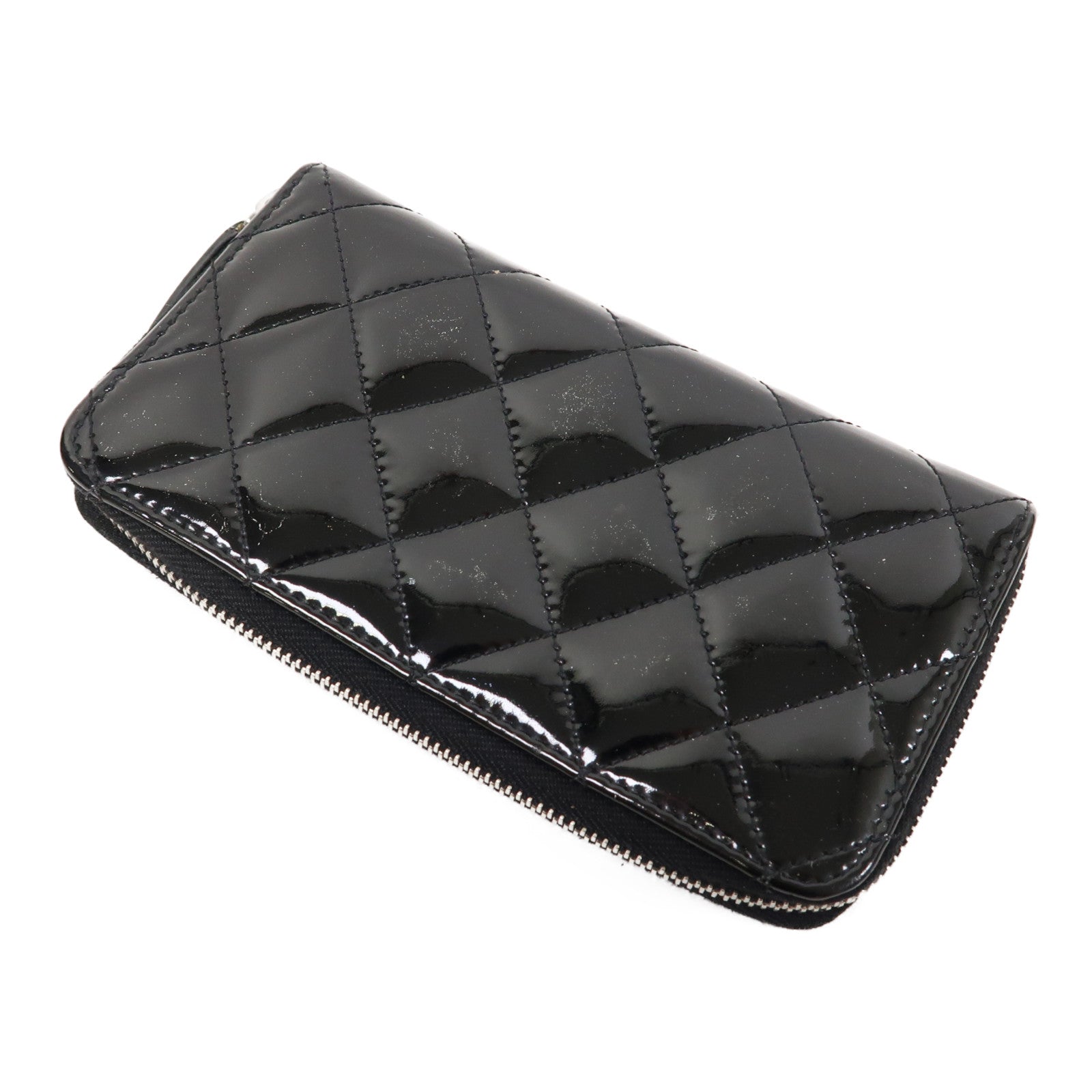 CHANEL 菱格漆皮皮革Zipper Wallet銀扣中長錢包黑色