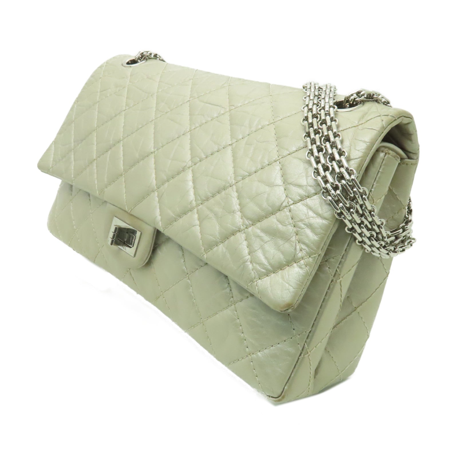 CHANEL 【清倉大減價】菱格Aged Calf皮革2.55 Classic Double Flap銀扣鏈帶肩背袋香檳酒色
