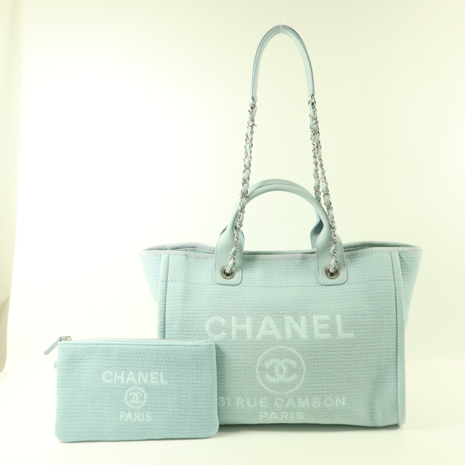 CHANEL 帆布Deauville Tote Bag銀扣手挽肩背兩用袋