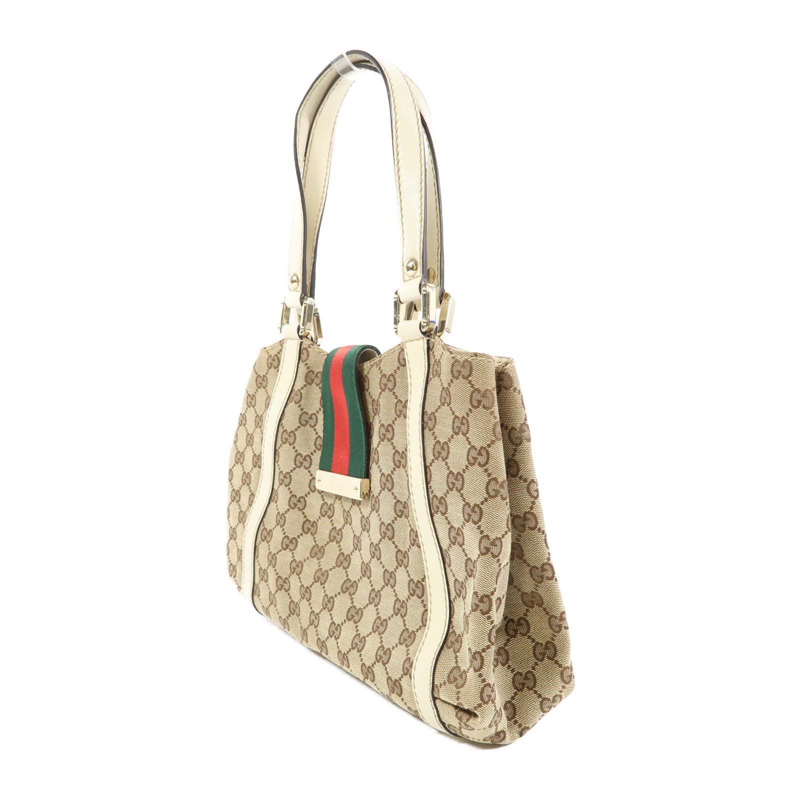 GUCCI 帆布Web Flap Tote銀扣手挽袋