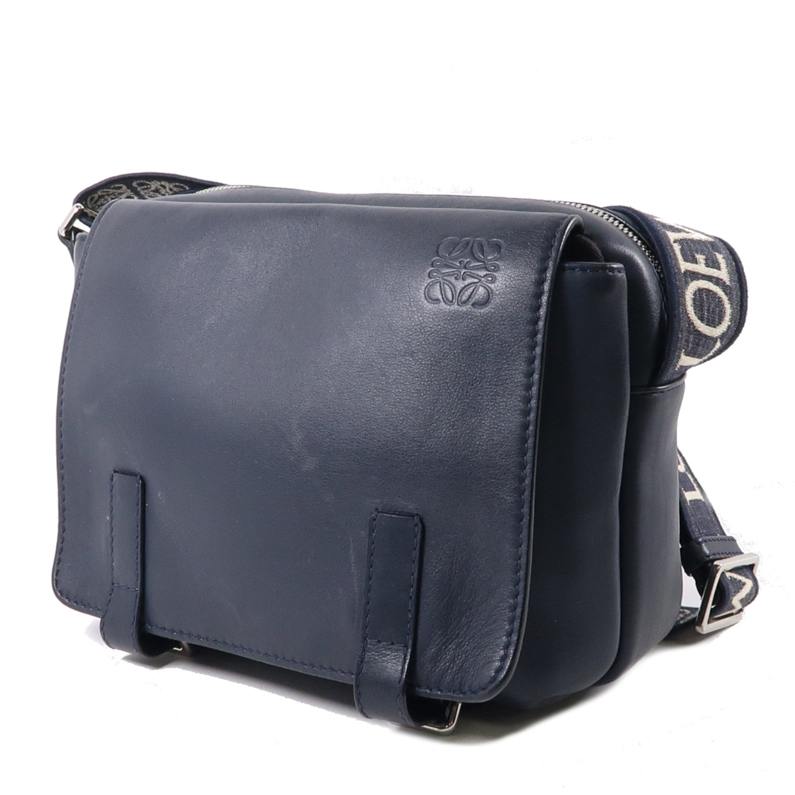 LOEWE 牛皮皮革Military Messenger銀扣肩背袋深藍色