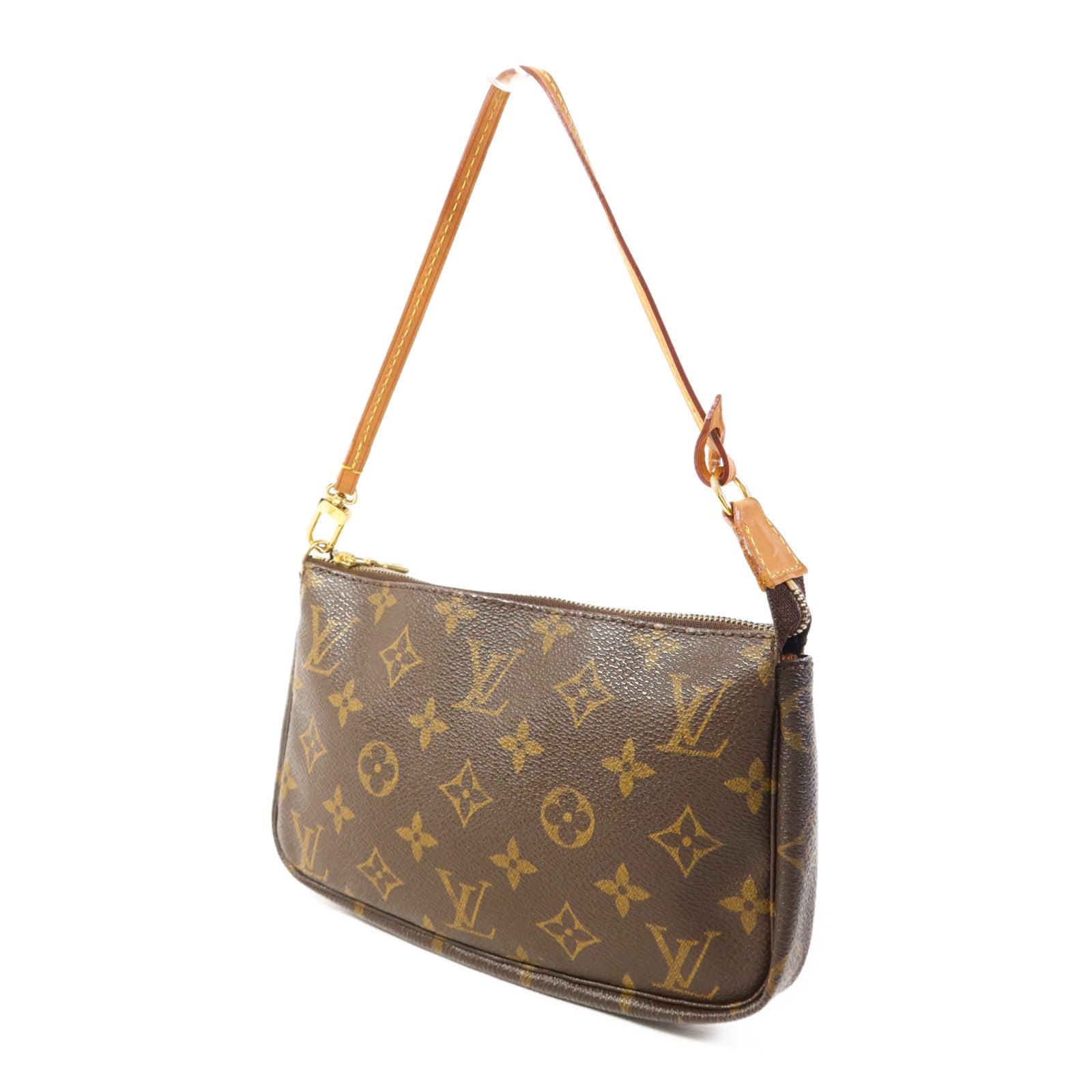 LOUIS VUITTON Monogram Pochette Accessoires金扣手挽袋棕色