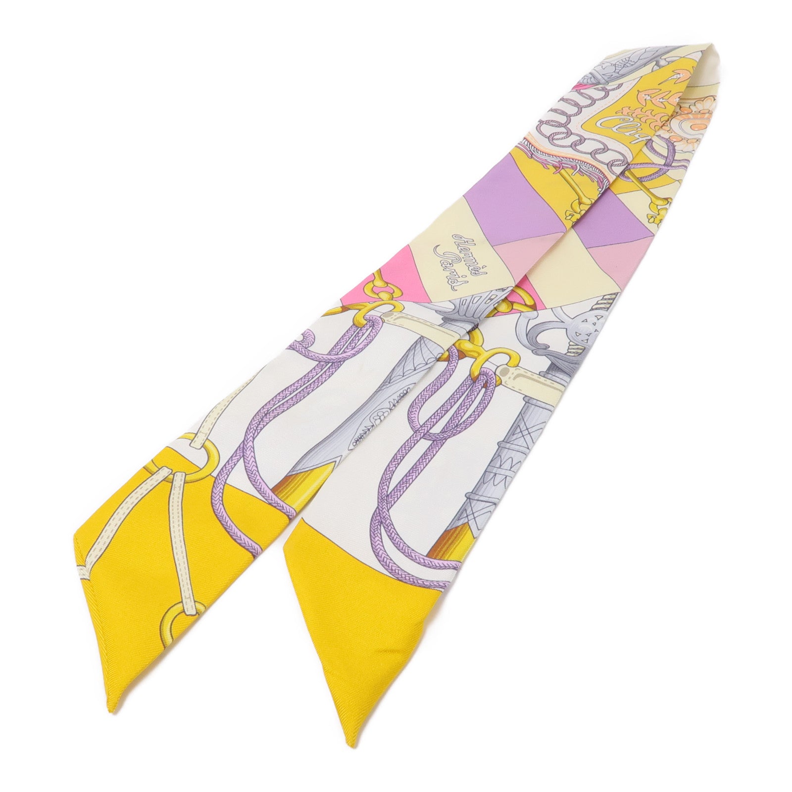 HERMES 絲質Twilly絲巾黃色/粉紅色