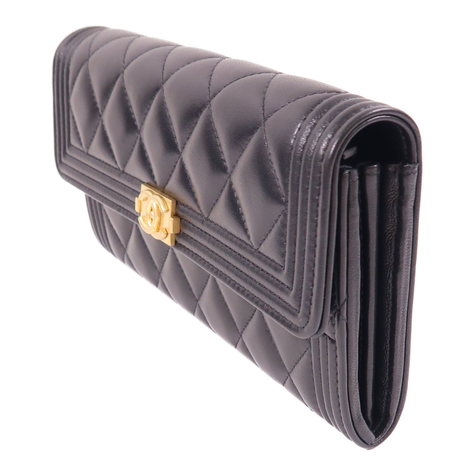 CHANEL 羊皮皮革Boy Long Wallet金扣長錢包