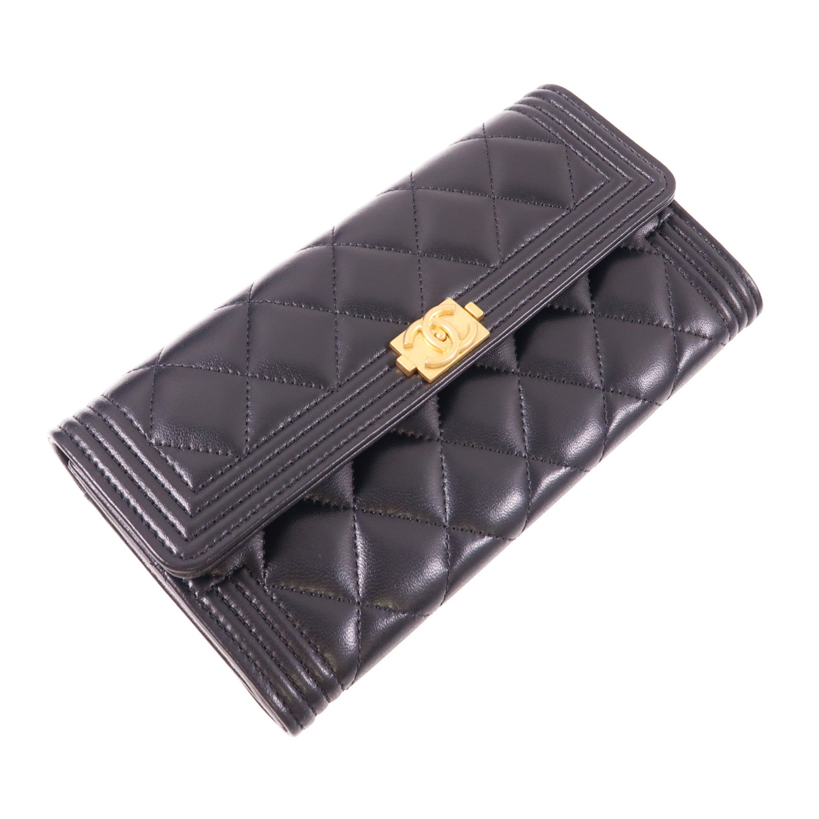 CHANEL 羊皮皮革Boy Long Wallet金扣長錢包