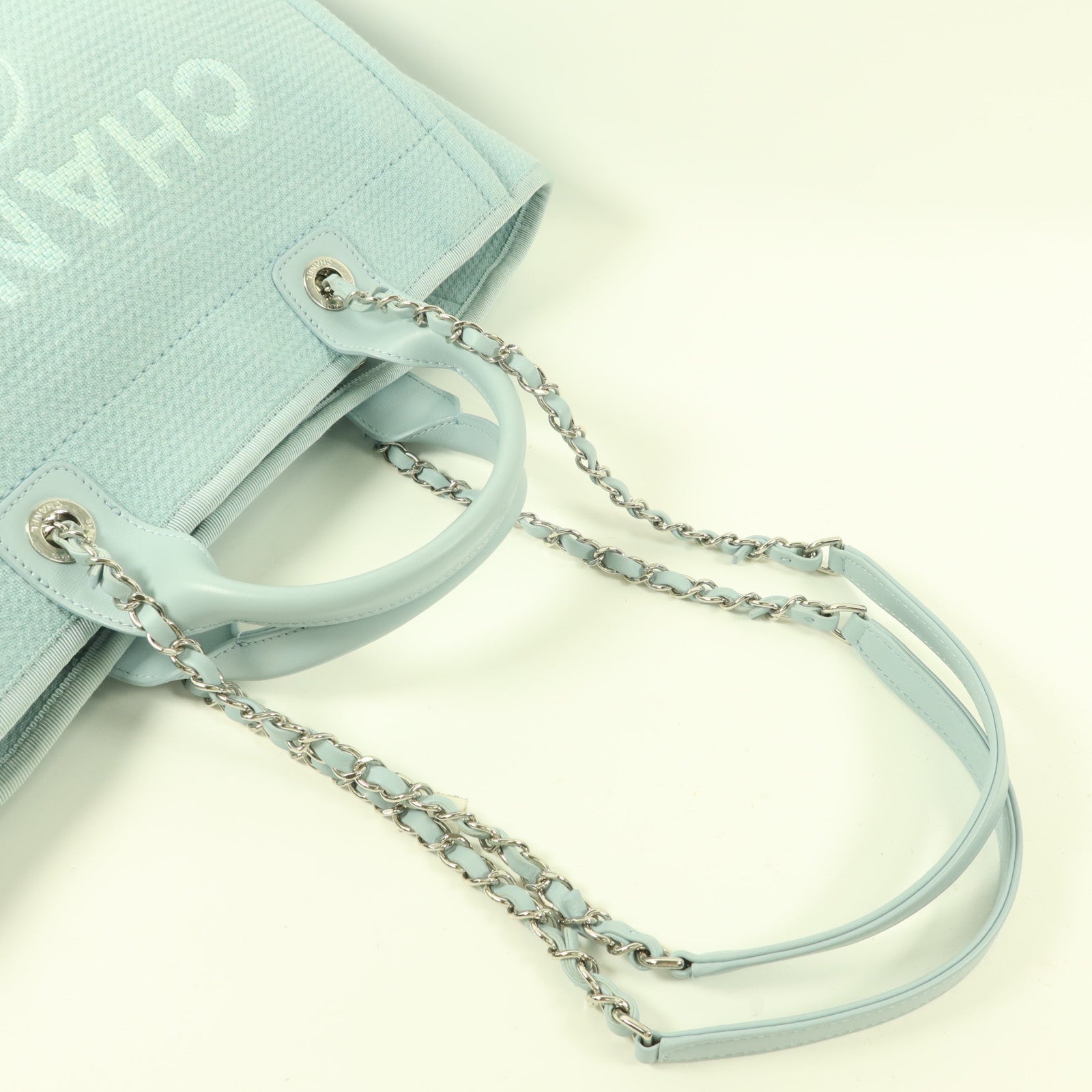 CHANEL 帆布Deauville Tote Bag銀扣手挽肩背兩用袋
