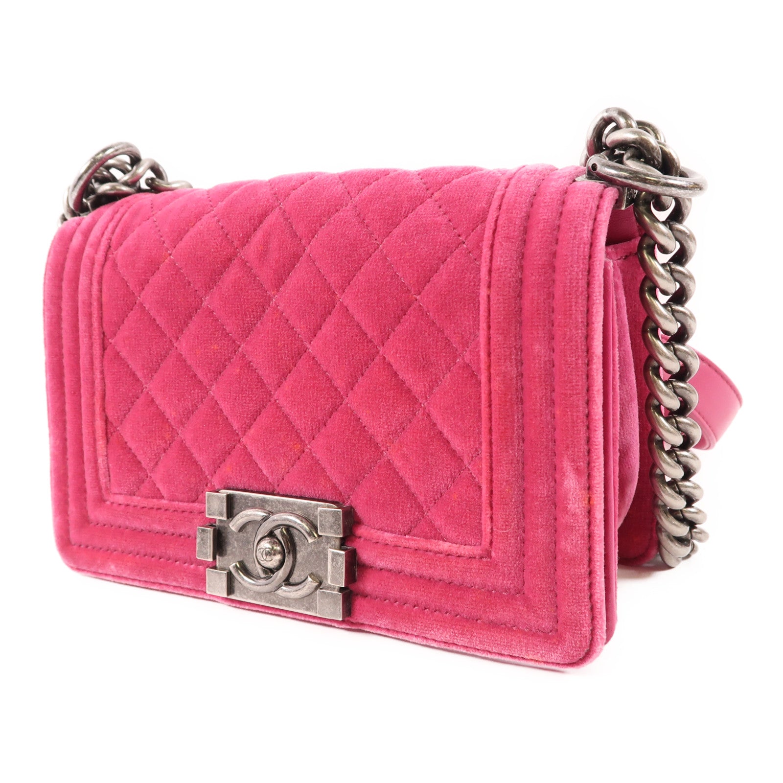 CHANEL CC Boy 20 Chain Shoulder Bag Velvet Pink