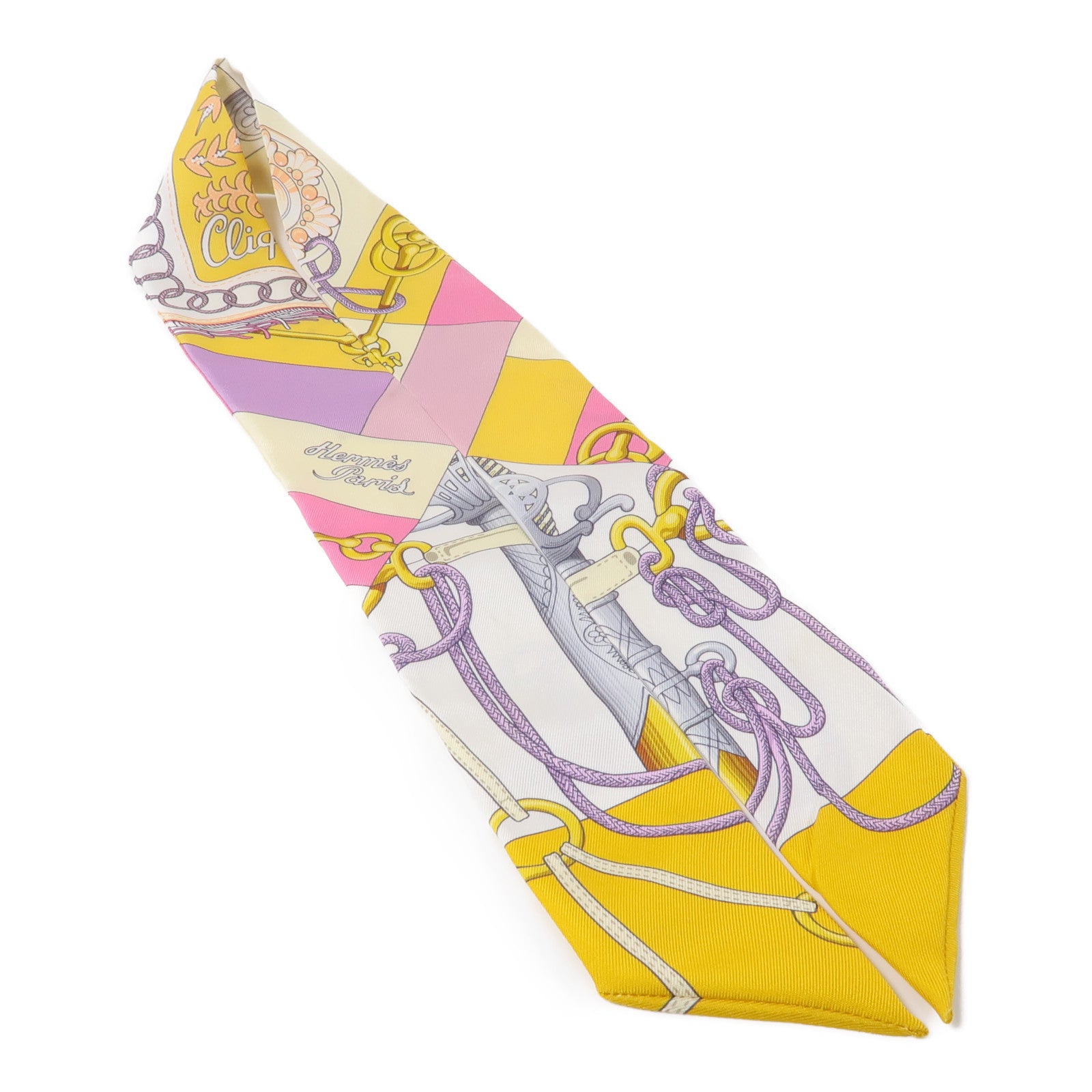 HERMES 絲質Twilly絲巾黃色/粉紅色