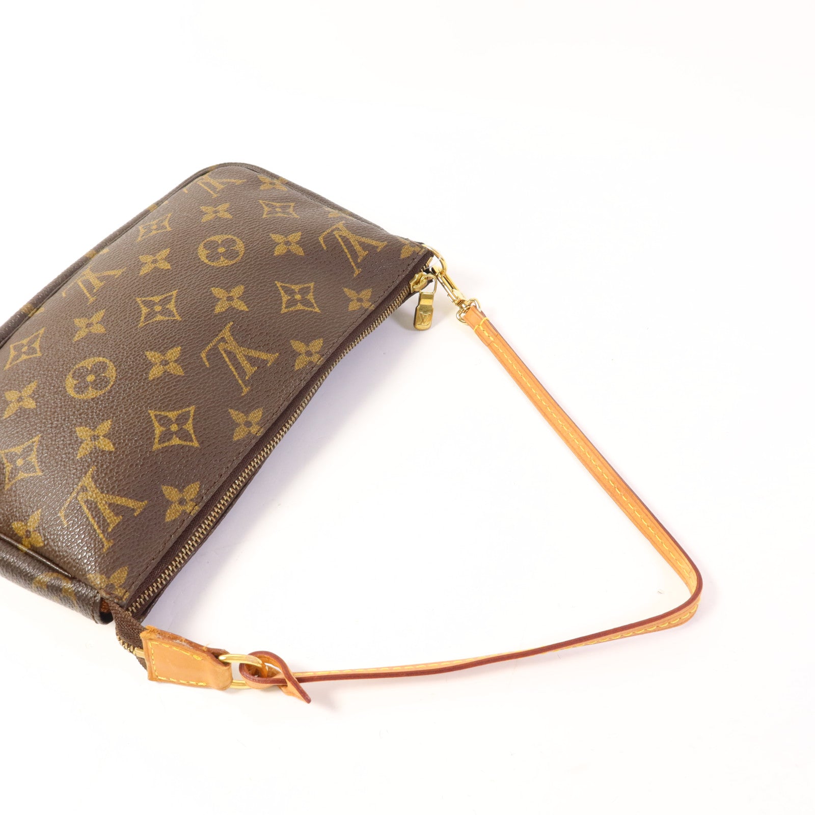 LOUIS VUITTON Monogram Pochette Accessoires金扣手挽袋棕色